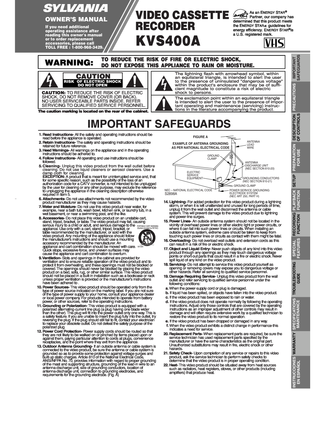 Sylvania KVS400A owner manual Owner’S Manual, Important Safeguards, Video Cassette Recorder, Description, Controls 