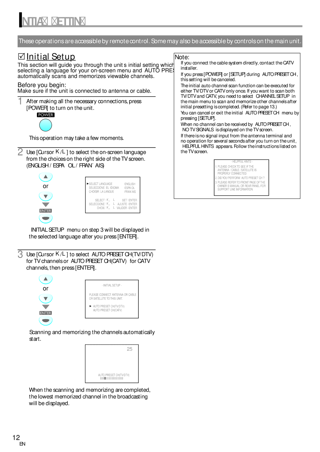 Sylvania LC115SL8P owner manual Initial Setting, 5Initial Setup, Make sure if the unit is connected to antenna or cable 