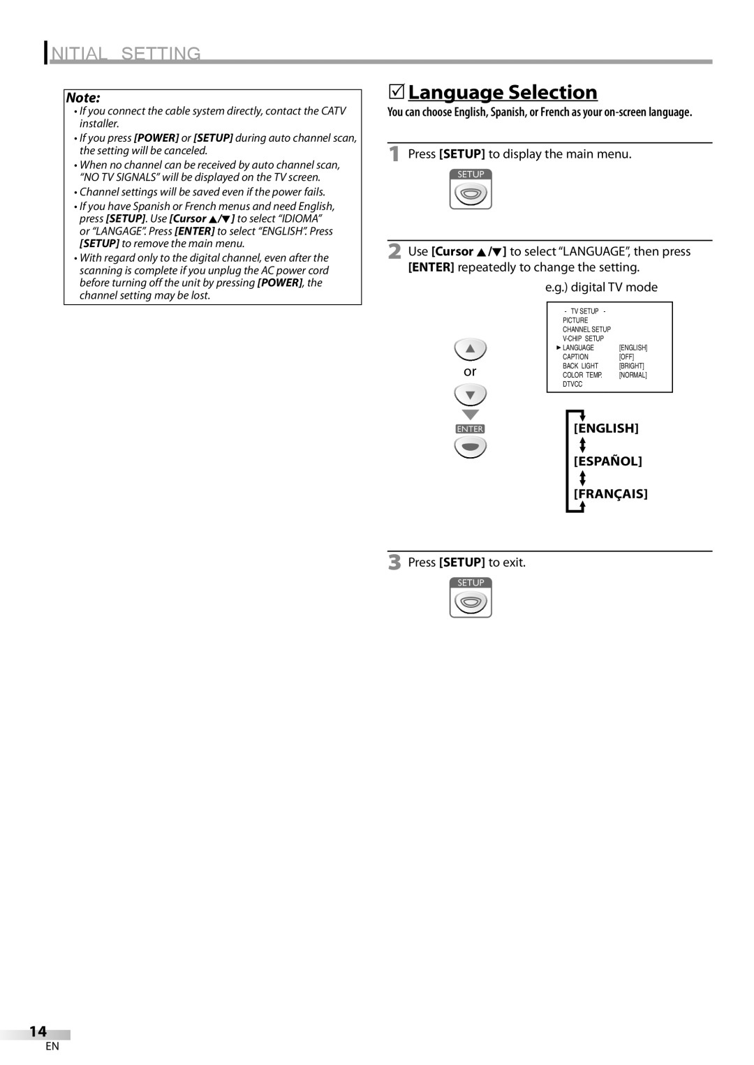 Sylvania LC115SL8P owner manual 5Language Selection, English Español Français, Press Setup to exit 