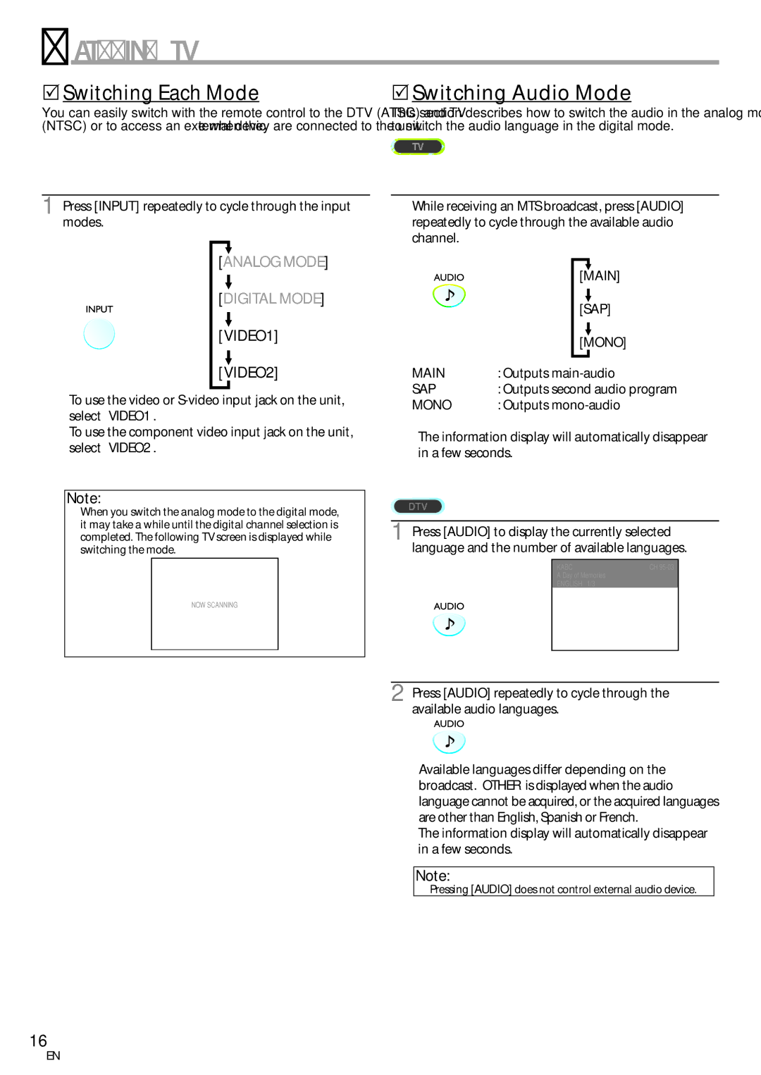 Sylvania LC115SL8P owner manual 5Switching Each Mode, 5Switching Audio Mode, Main, Sap, Mono 