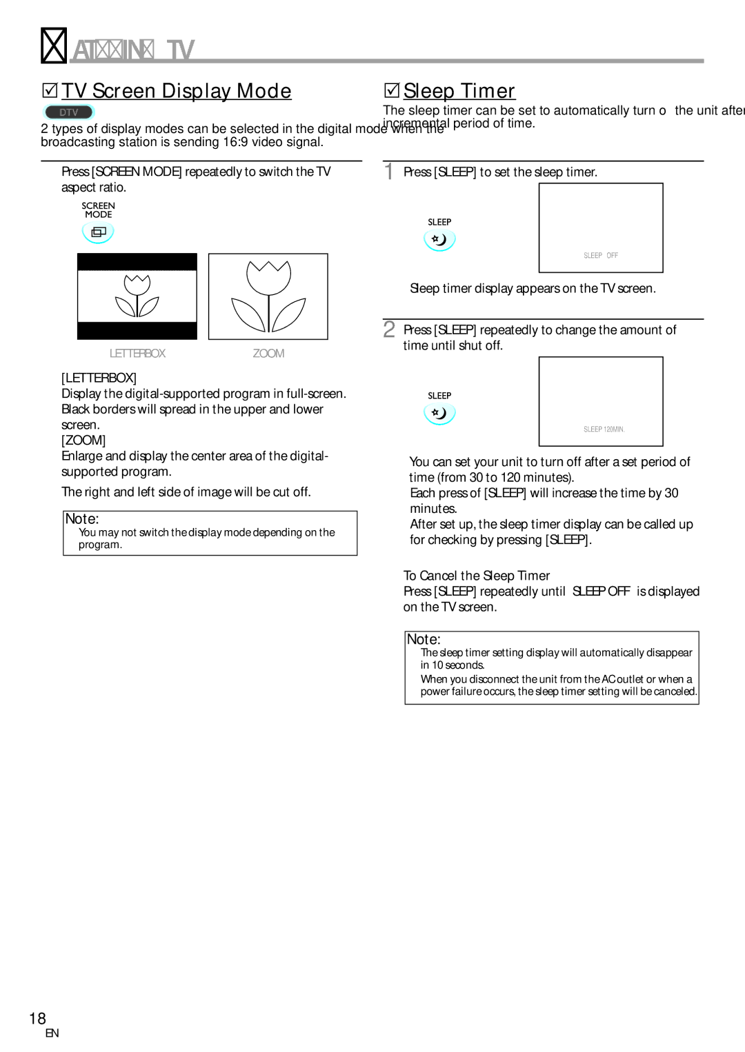 Sylvania LC115SL8P owner manual 5TV Screen Display Mode, 5Sleep Timer, Letterbox, Zoom, To Cancel the Sleep Timer 