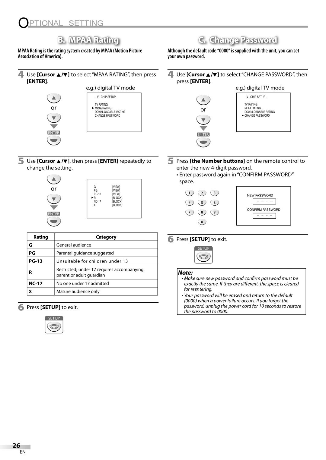 Sylvania LC115SL8P owner manual Enter password again in Confirm Password space, Rating, PG-13, NC-17 