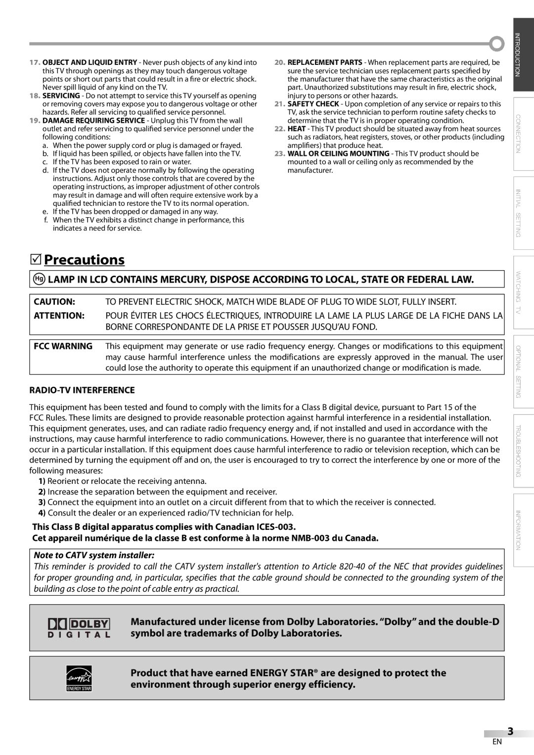 Sylvania LC115SL8P owner manual Precautions, RADIO-TV Interference 