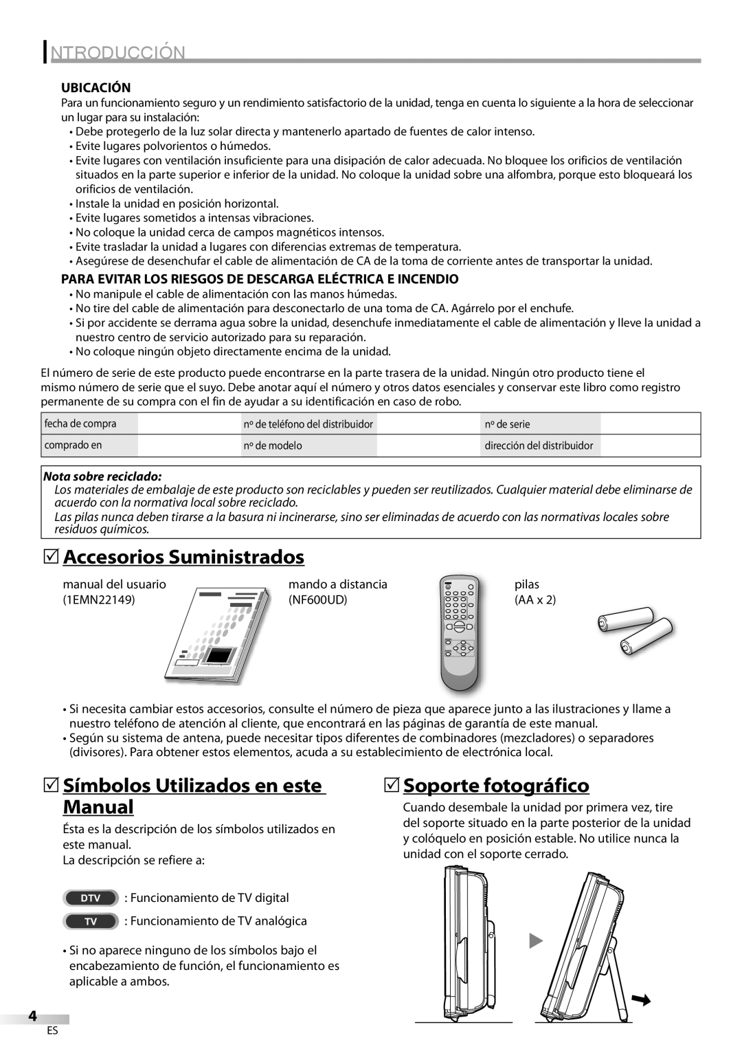 Sylvania LC115SL8P owner manual 5Accesorios Suministrados, 5Símbolos Utilizados en este Manual, 5Soporte fotográfico 