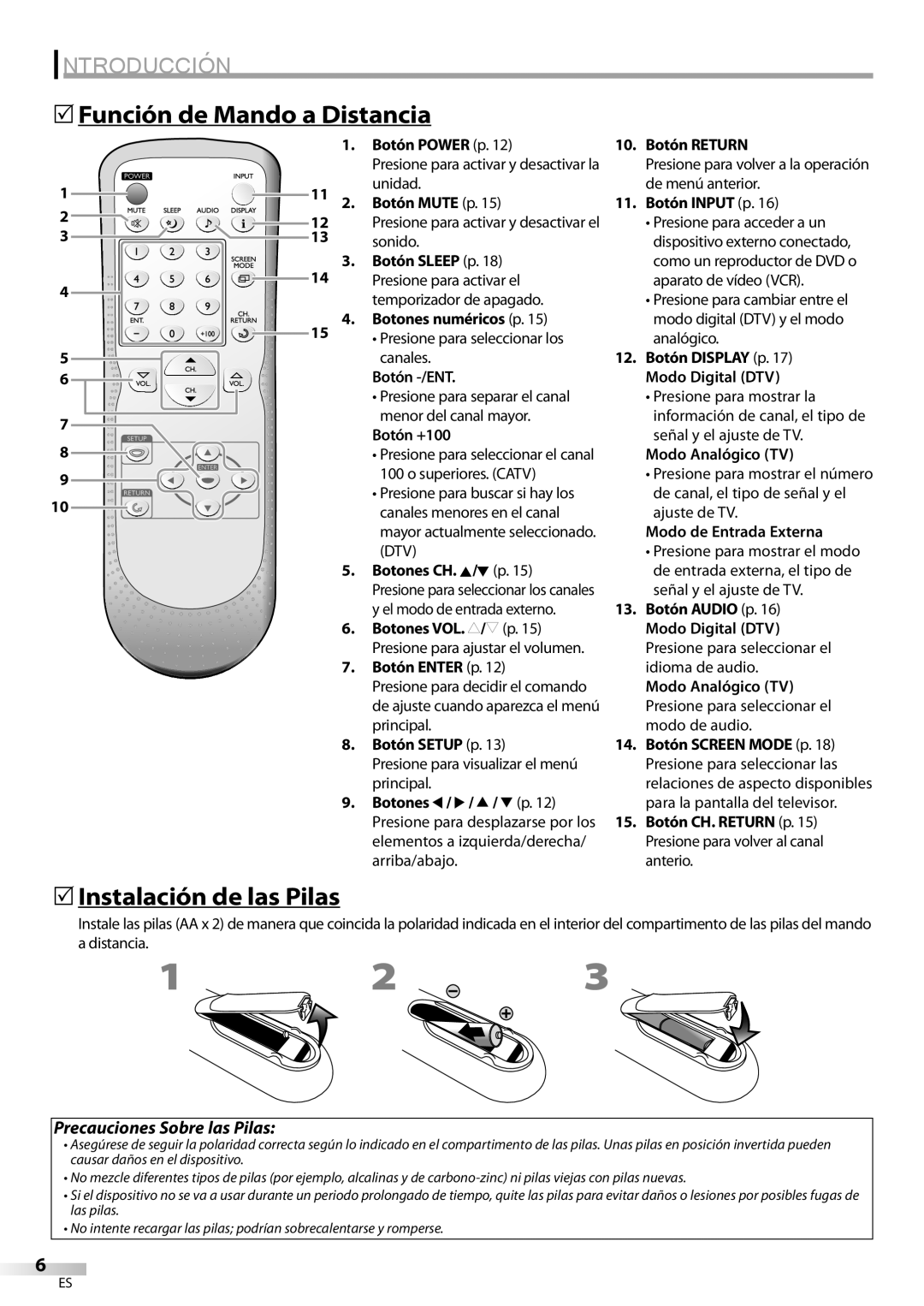 Sylvania LC115SL8P owner manual 5Función de Mando a Distancia, 5Instalación de las Pilas, Dtv 