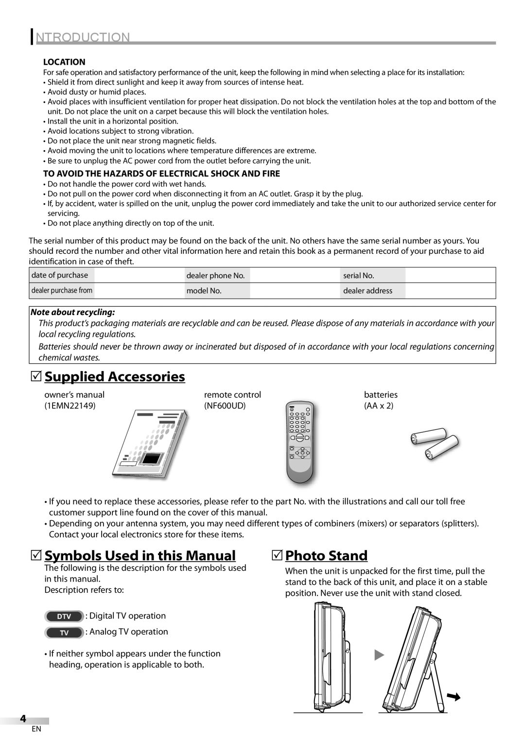 Sylvania LC115SL8P owner manual 5Supplied Accessories, 5Symbols Used in this Manual, 5Photo Stand, Location 