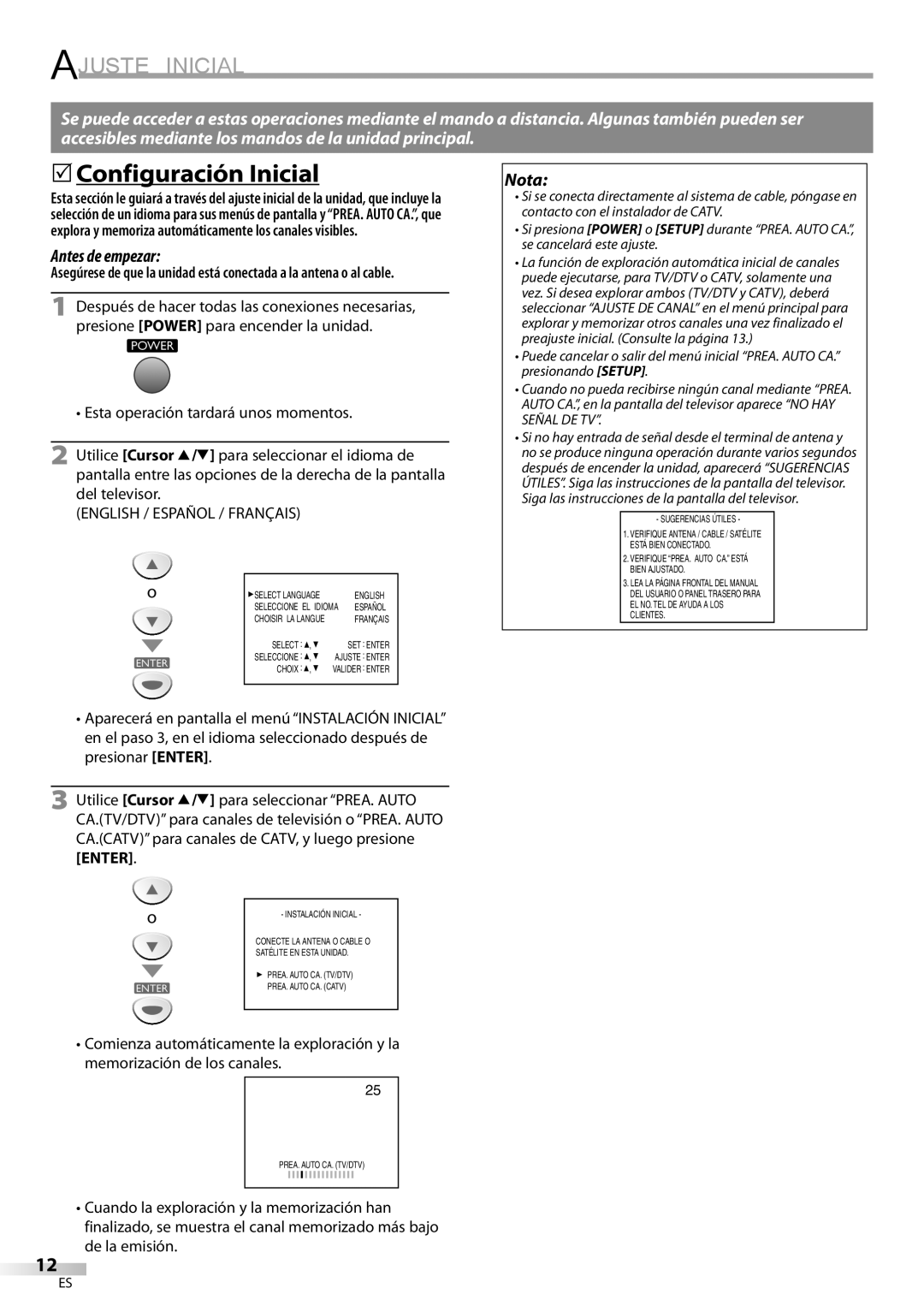 Sylvania LC115SL8P owner manual Ajuste Inicial, 5Configuración Inicial 