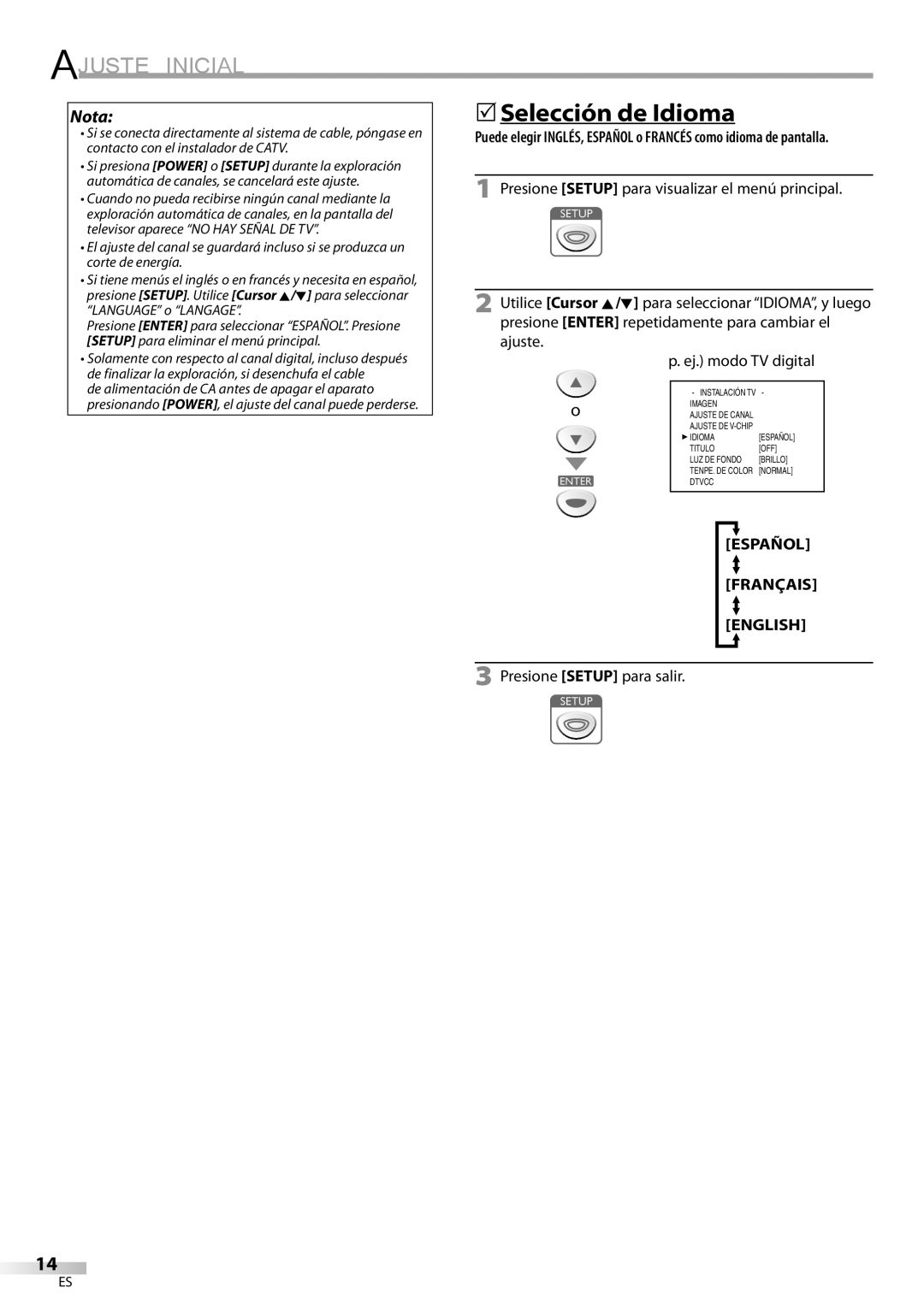 Sylvania LC115SL8P owner manual 5Selección de Idioma, Español Français English, Presione Setup para salir 