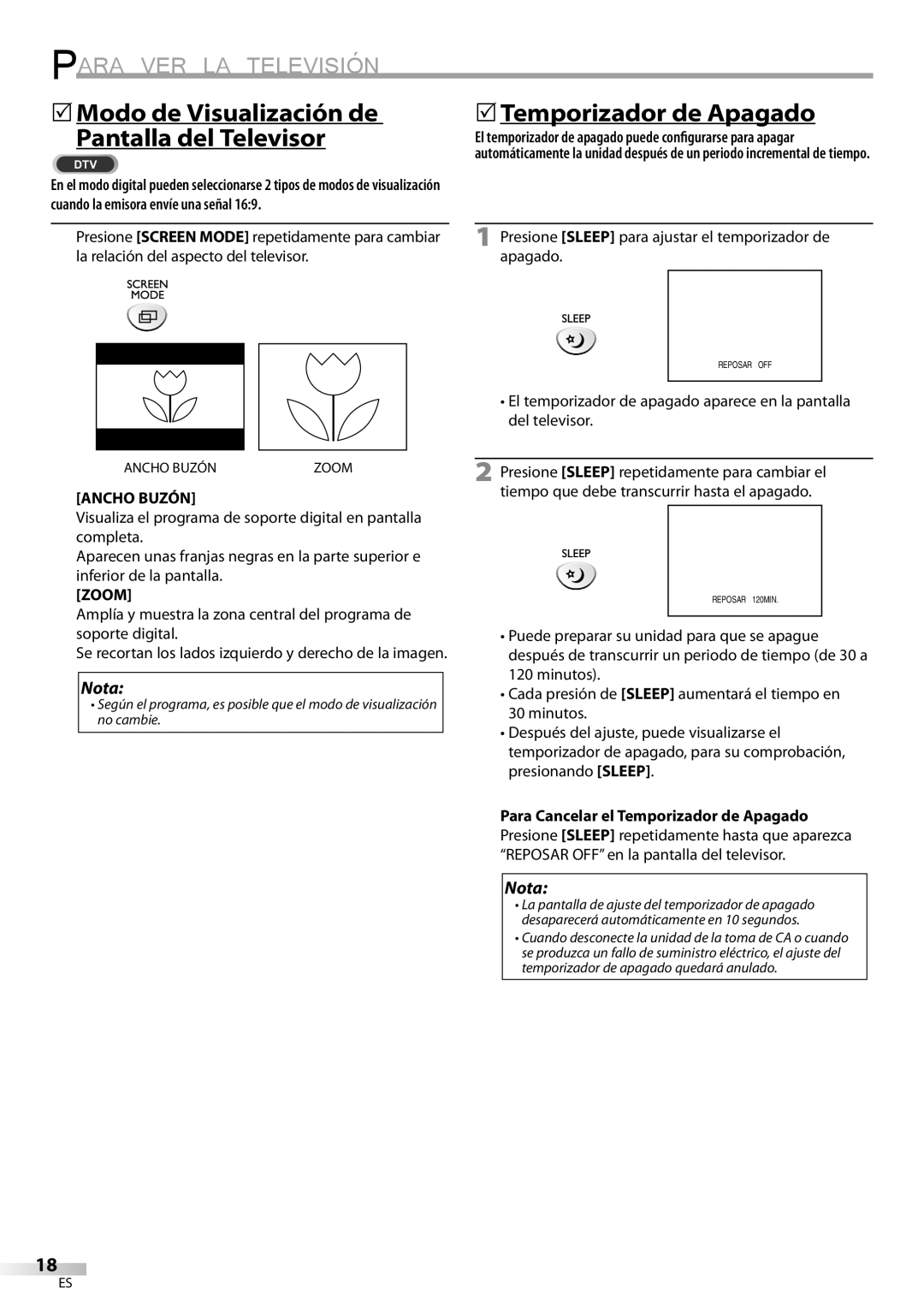 Sylvania LC115SL8P owner manual 5Modo de Visualización de Pantalla del Televisor, 5Temporizador de Apagado, Ancho Buzón 