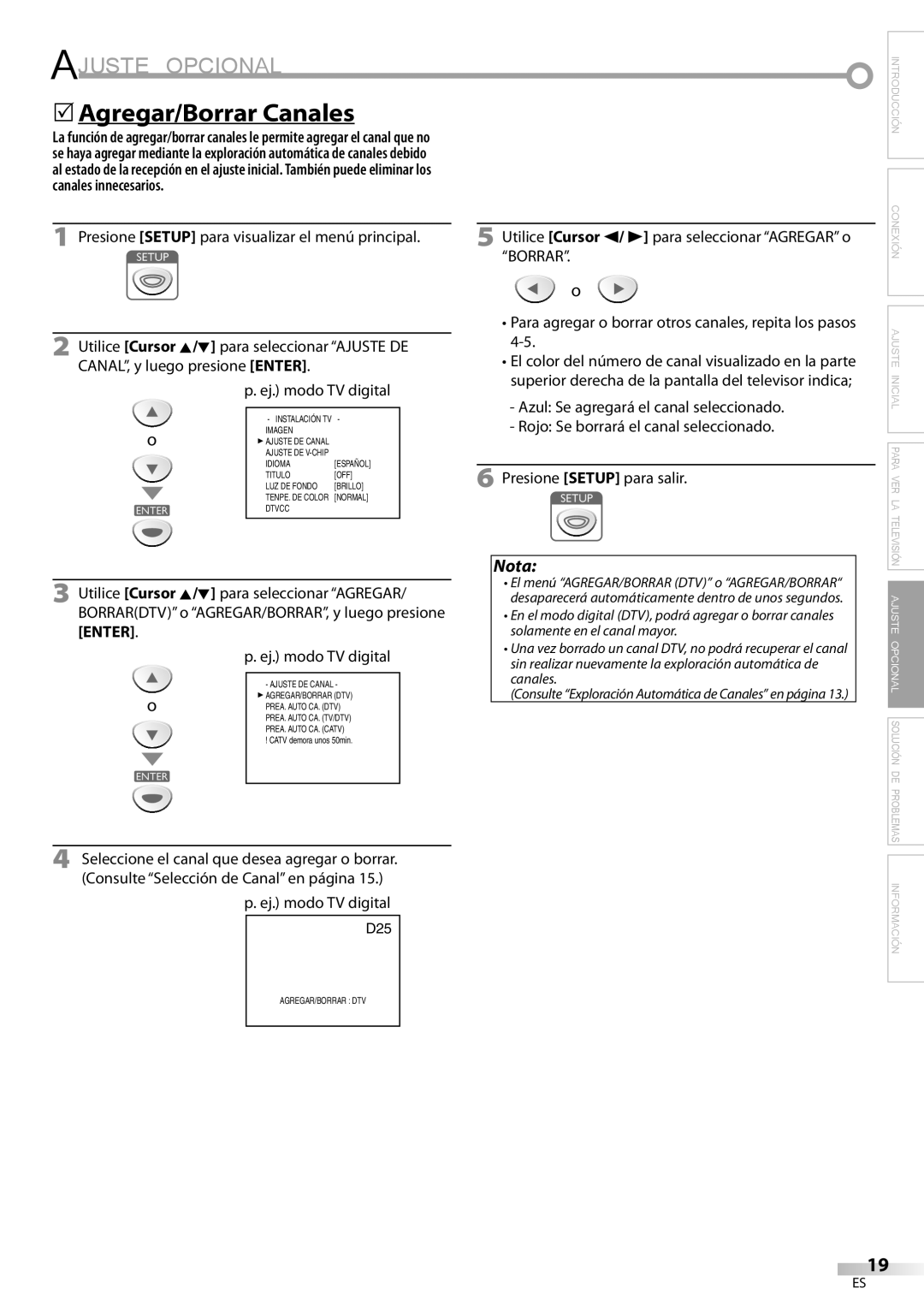 Sylvania LC115SL8P owner manual Ajuste Opcional, 5Agregar/Borrar Canales 