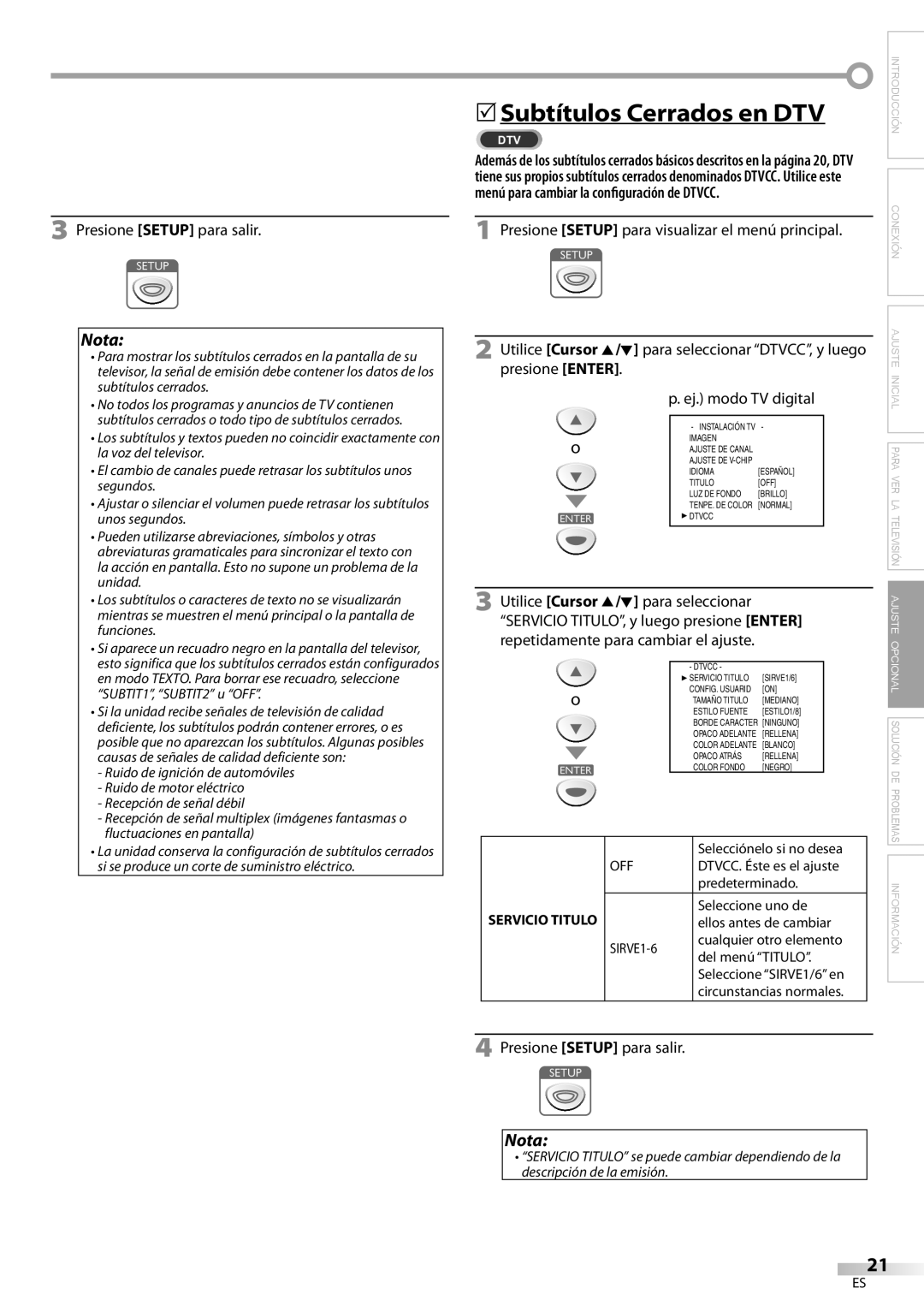 Sylvania LC115SL8P owner manual Para seleccionar DTVCC, y luego, Presione Enter, Servicio TITULO, y luego presione Enter 