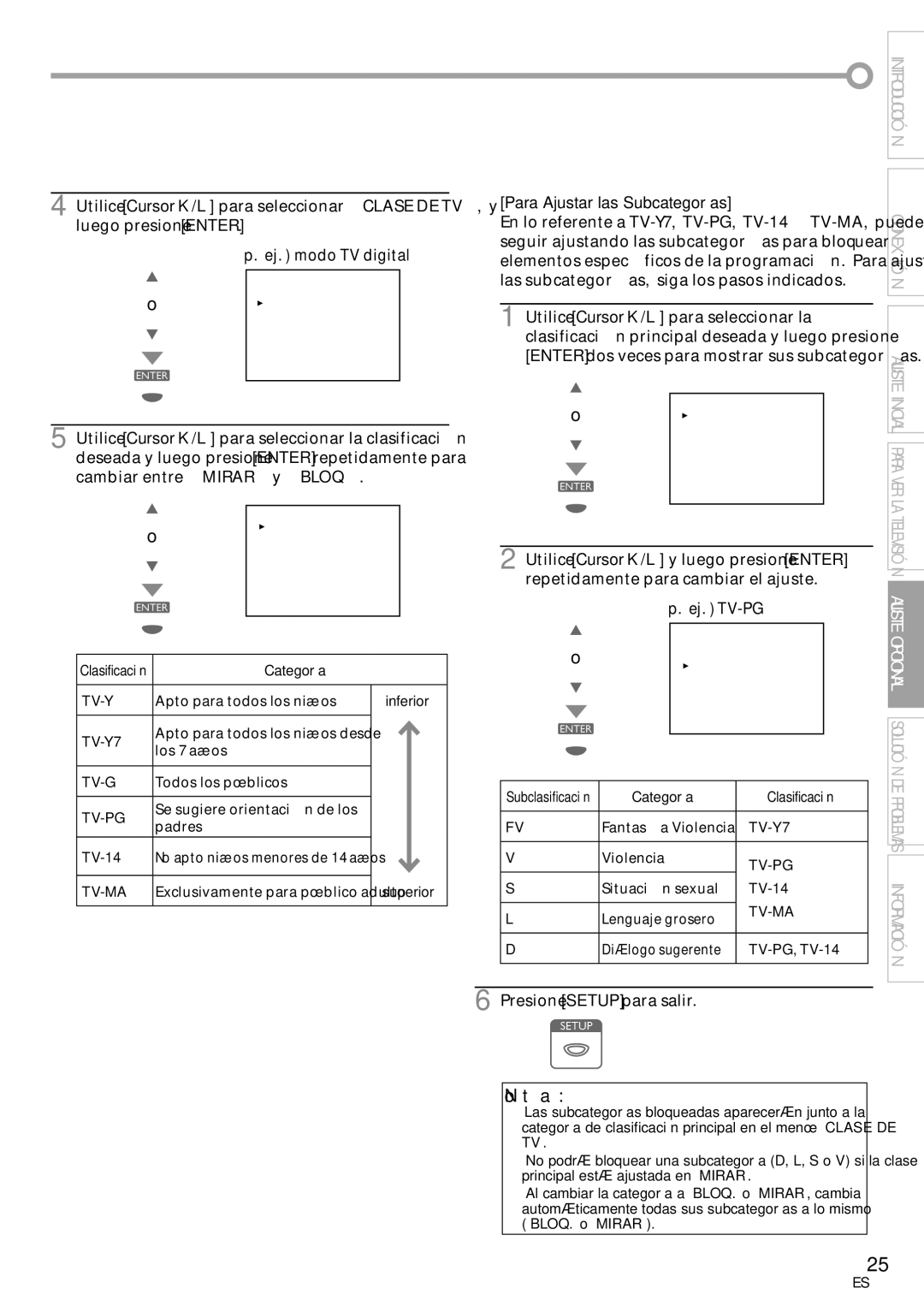 Sylvania LC115SL8P owner manual Para Ajustar las Subcategorías, Ej. TV-PG 