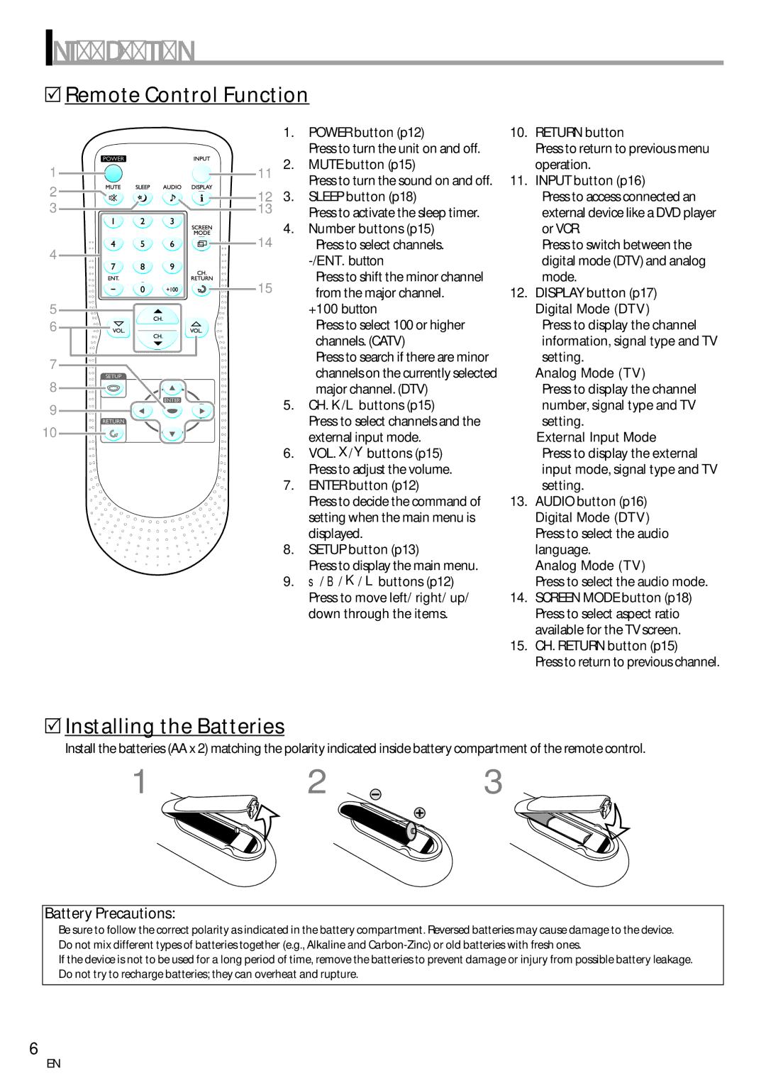 Sylvania LC115SL8P owner manual 5Remote Control Function, 5Installing the Batteries 