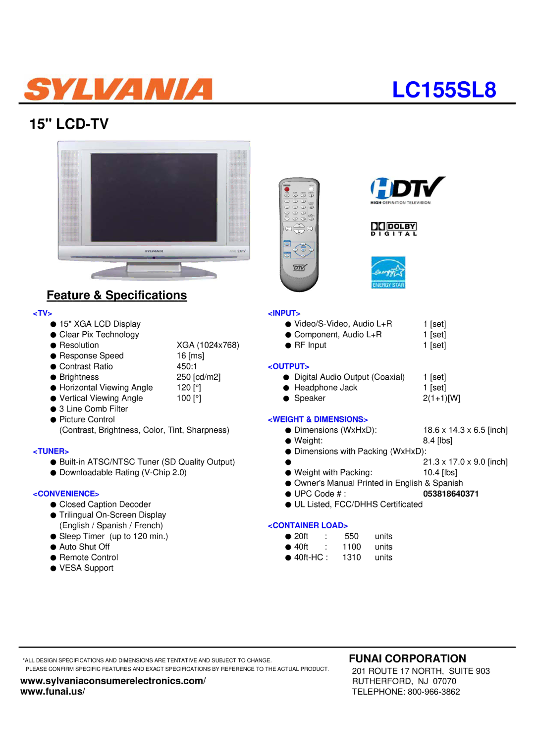 Sylvania LC155SL8 specifications Lcd-Tv, Feature & Specifications, Funai Corporation 