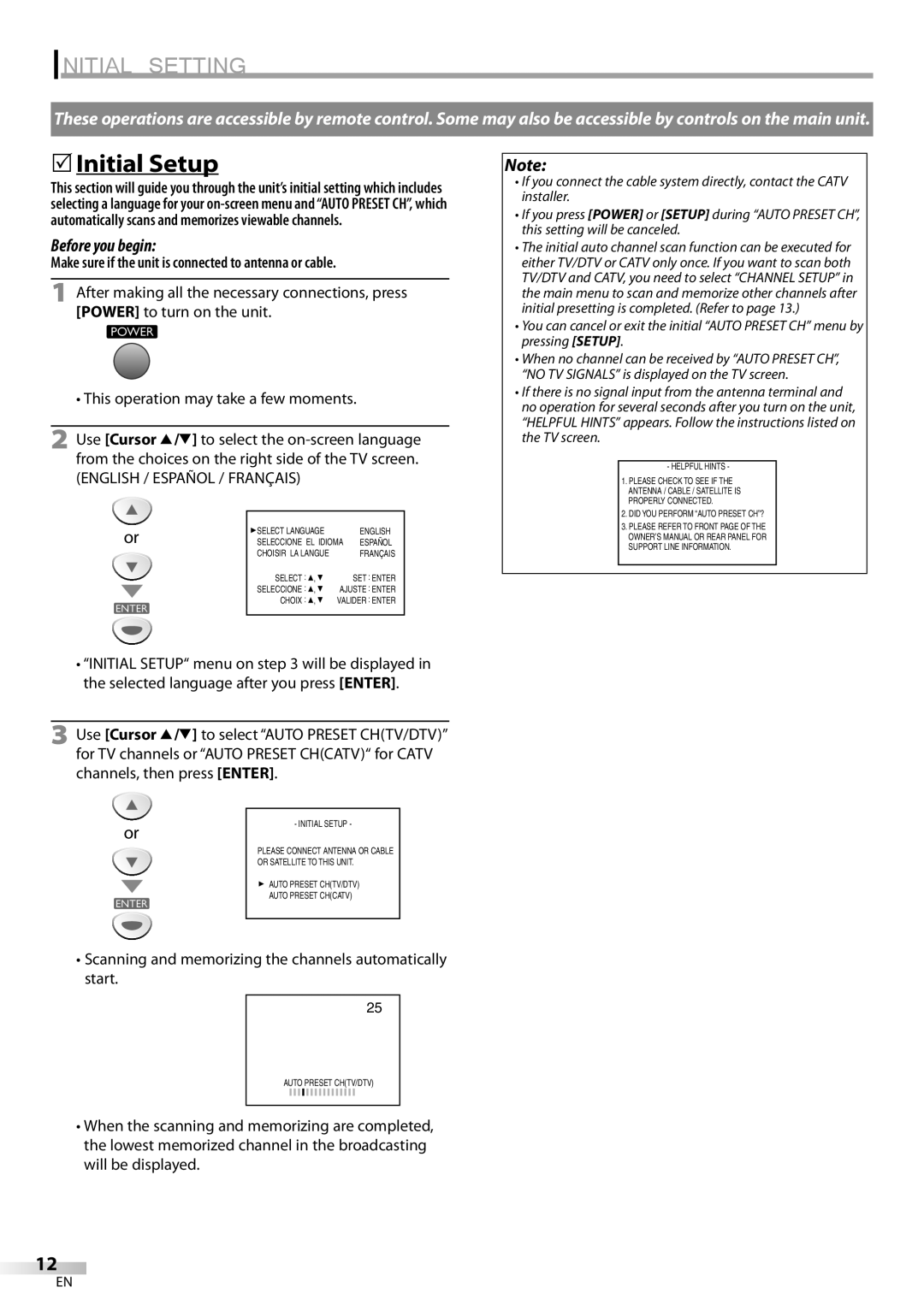 Sylvania LC155SL8P owner manual Initial Setting, 5Initial Setup, Make sure if the unit is connected to antenna or cable 