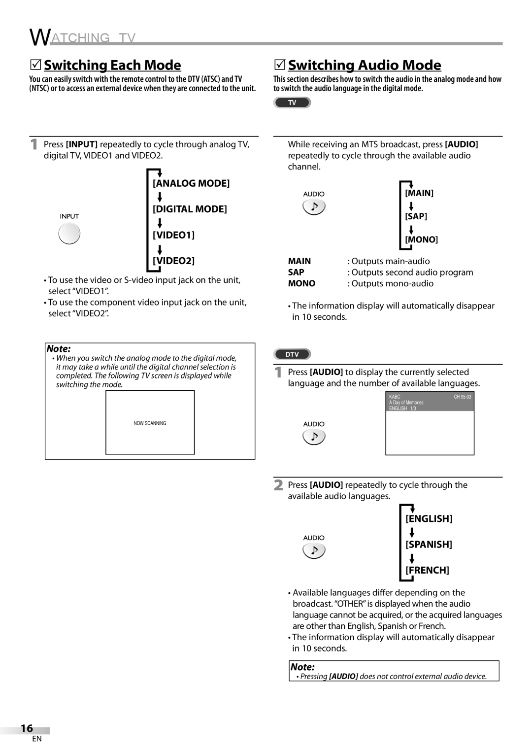 Sylvania LC155SL8P owner manual 5Switching Each Mode, 5Switching Audio Mode, Main, Sap, Mono 