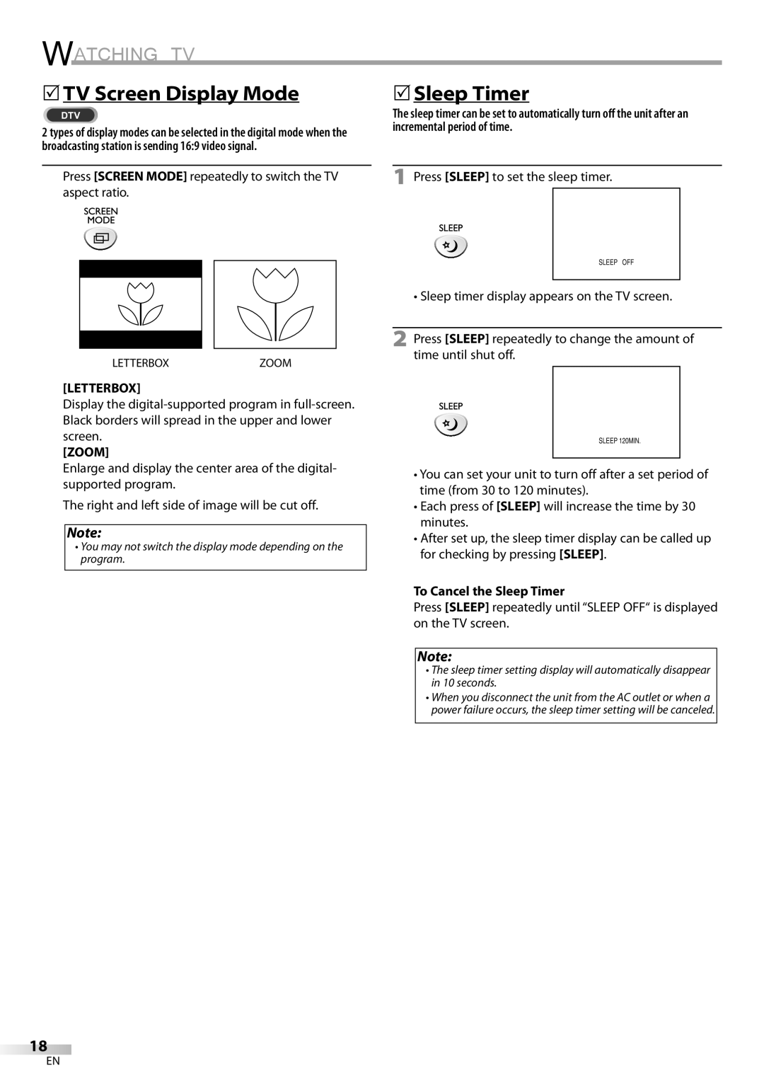 Sylvania LC155SL8P owner manual 5TV Screen Display Mode, 5Sleep Timer, Letterbox, Zoom, To Cancel the Sleep Timer 