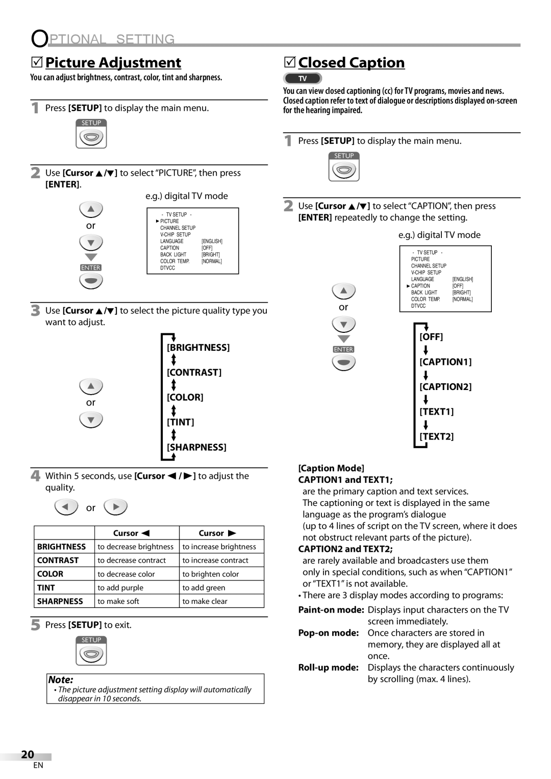 Sylvania LC155SL8P owner manual 5Picture Adjustment, 5Closed Caption 