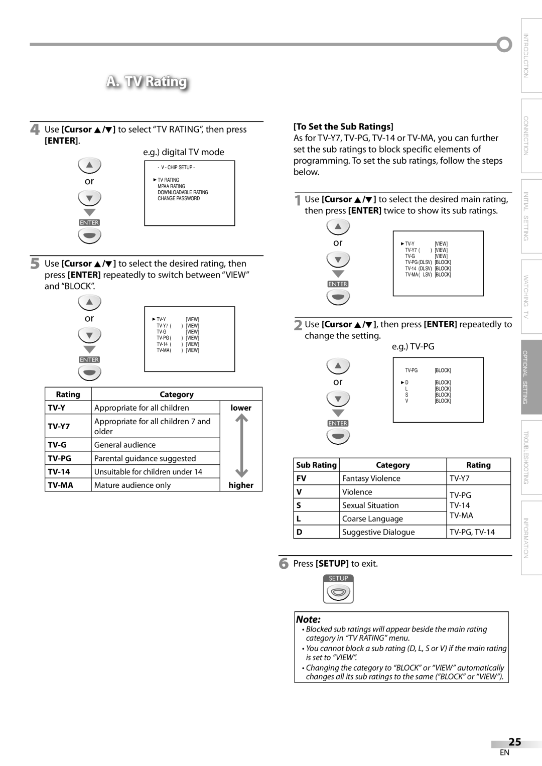 Sylvania LC155SL8P owner manual Set the sub ratings to block specific elements, Below 