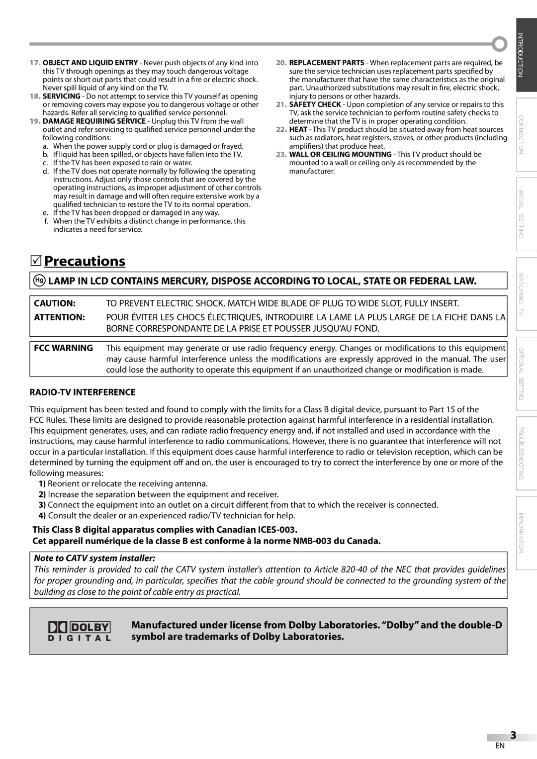 Sylvania LC155SL8P owner manual Precautions, RADIO-TV Interference 