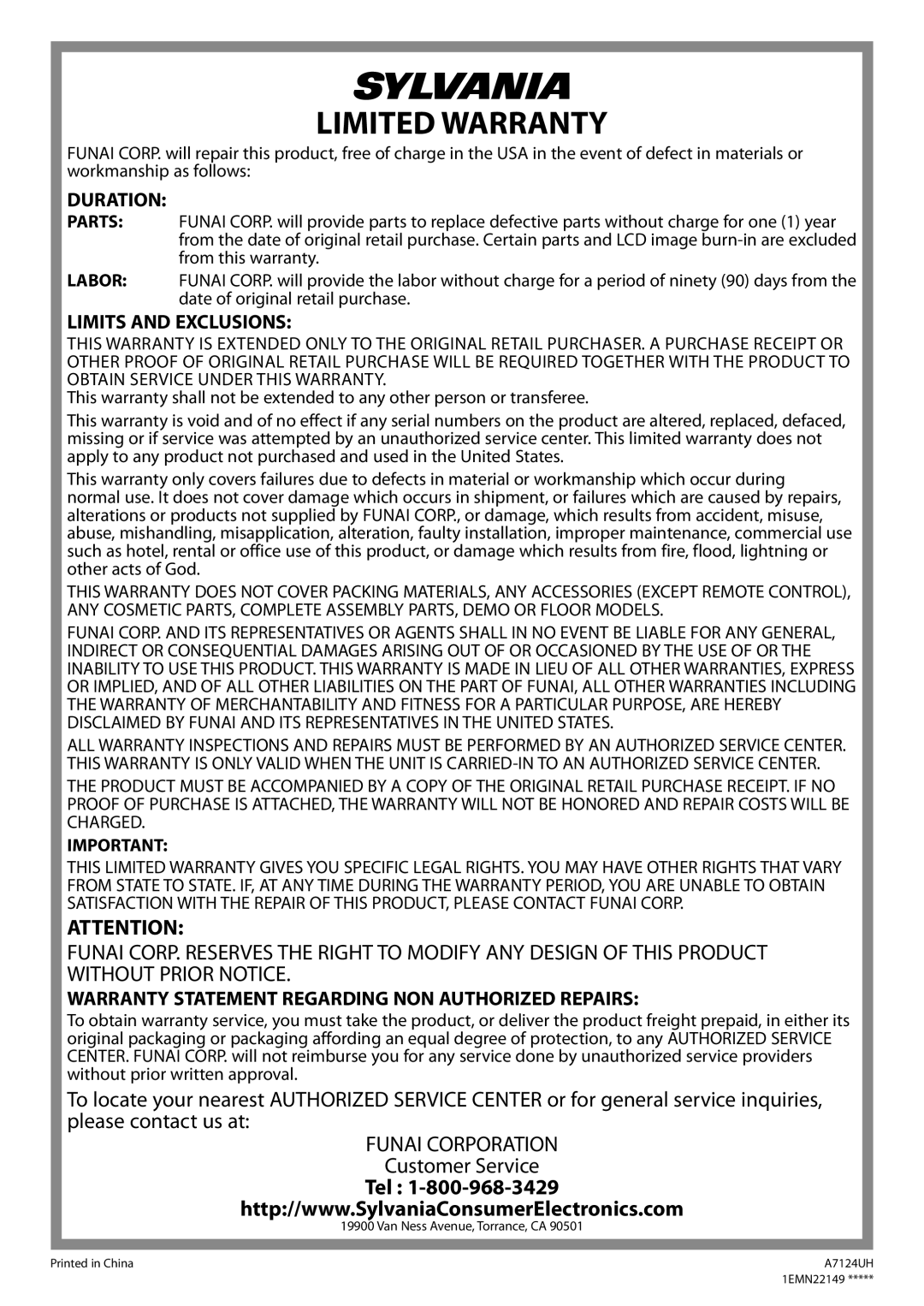 Sylvania LC155SL8P owner manual Limited Warranty 