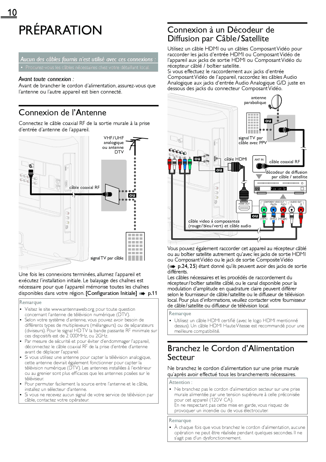 Sylvania lc160552 owner manual Préparation, Connexion de l’Antenne, Branchez le Cordon d’Alimentation Secteur 