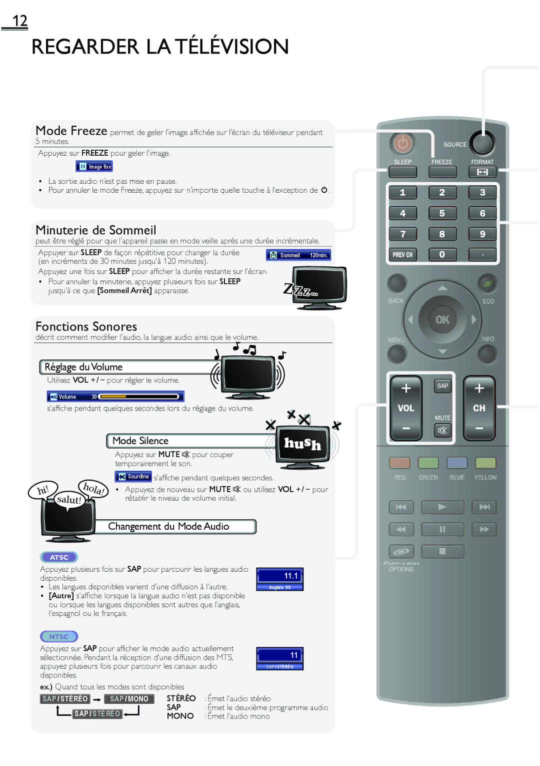 Sylvania lc160552 owner manual Regarder LA Télévision, Réglage du Volume, Mode Silence, Changement du Mode Audio 