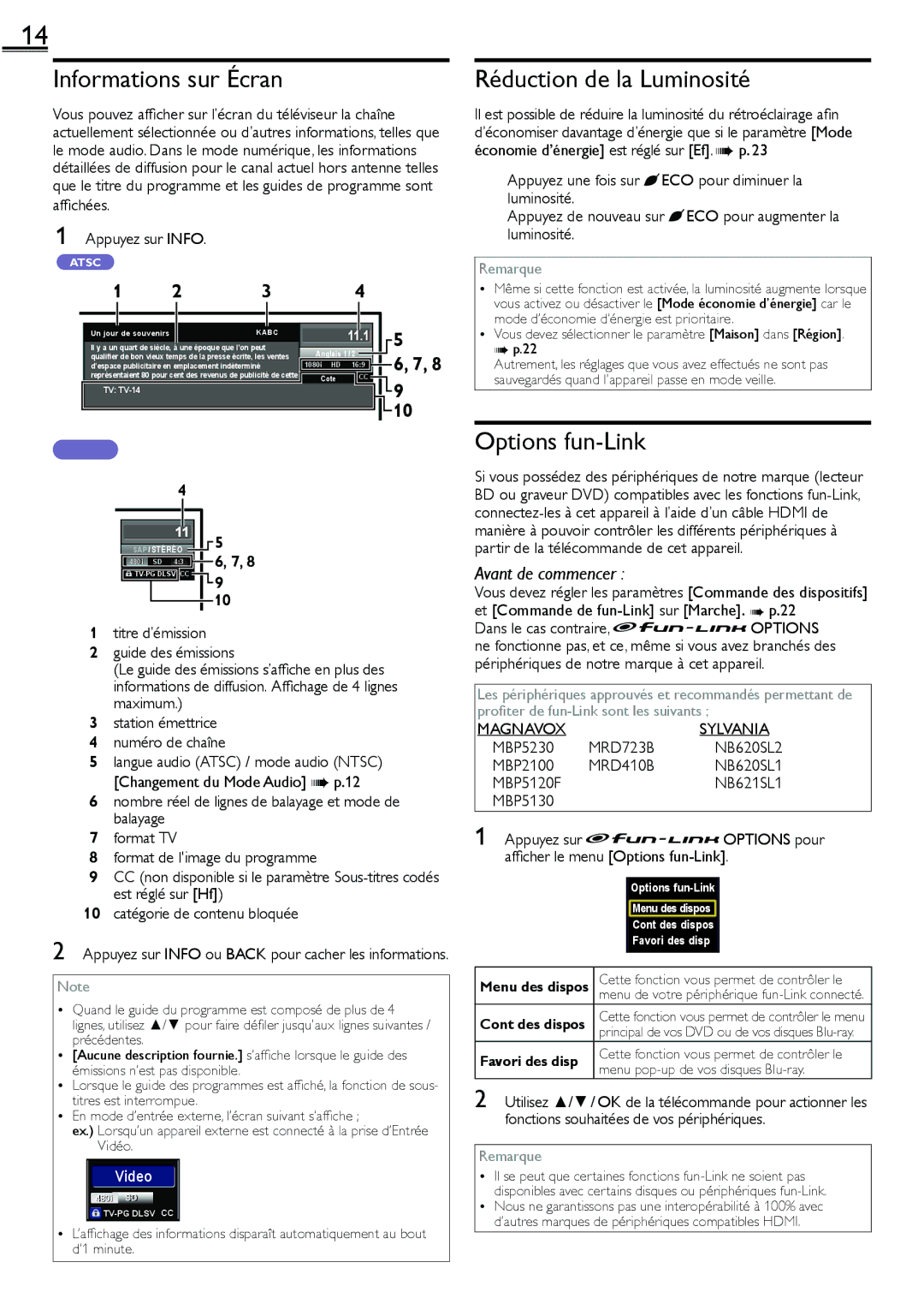 Sylvania lc160552 owner manual Informations sur Écran, Réduction de la Luminosité, Options fun-Link 