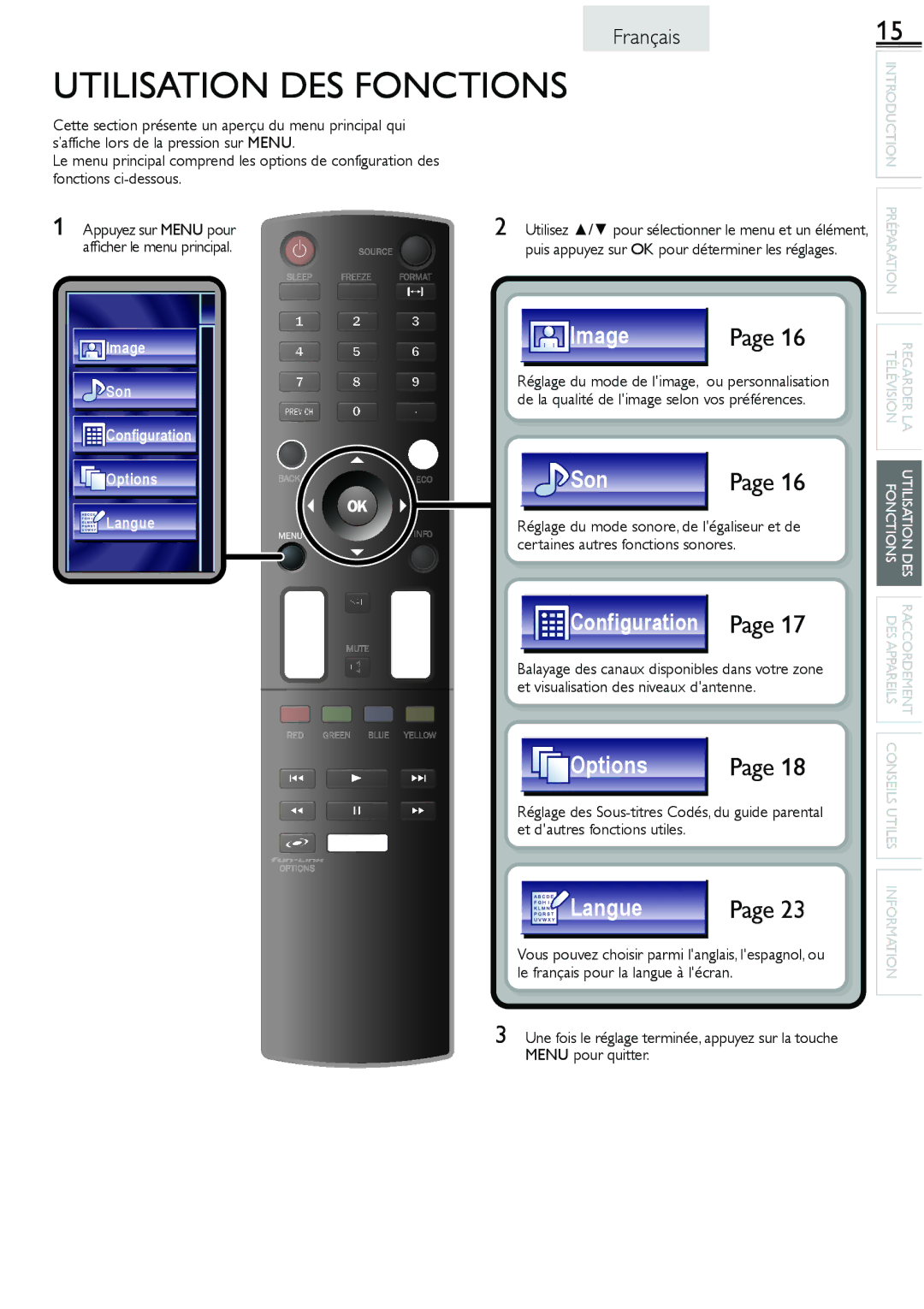 Sylvania lc160552 owner manual Utilisation DES Fonctions, Appuyez sur Menu pour, Afﬁcher le menu principal 