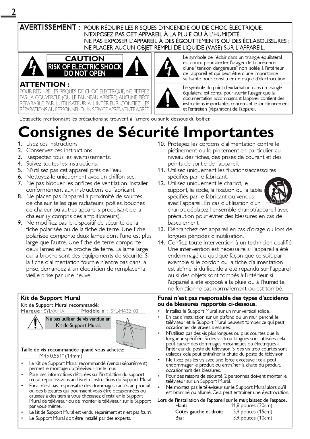 Sylvania lc160552 owner manual Ne modiﬁez pas le dispositif de sécurité de la, Kit de Support Mural recommandé, Haut, Bas 