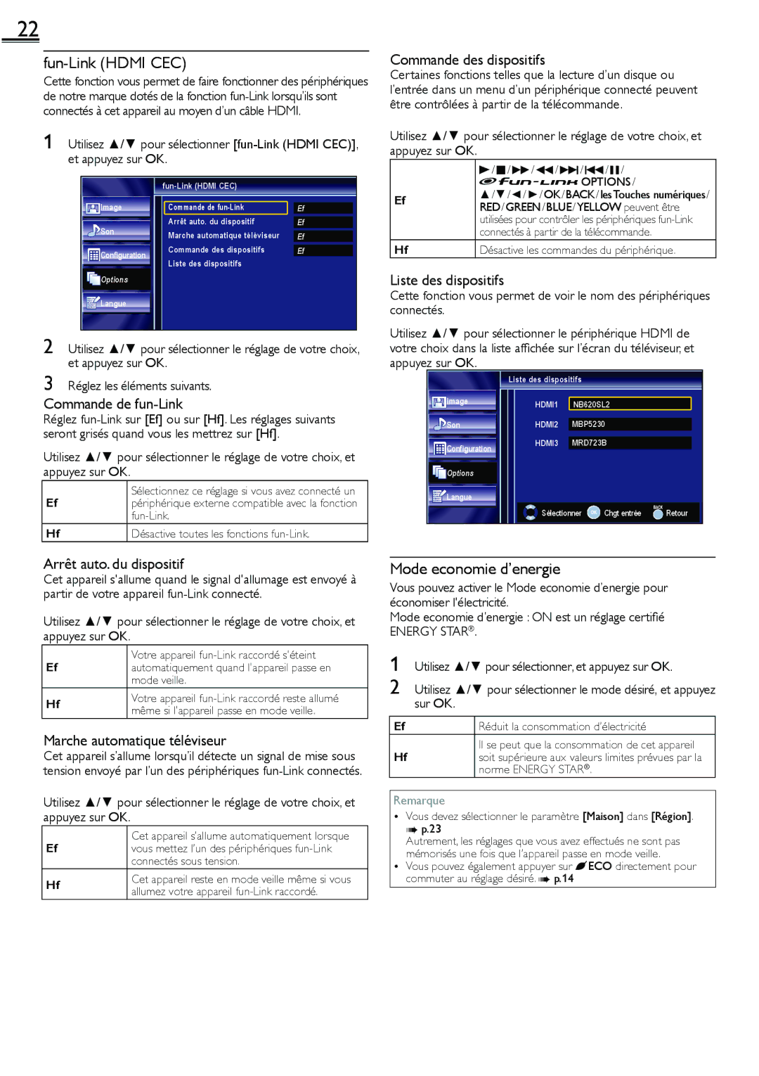 Sylvania lc160552 owner manual Fun-Link Hdmi CEC, Mode economie d’energie 