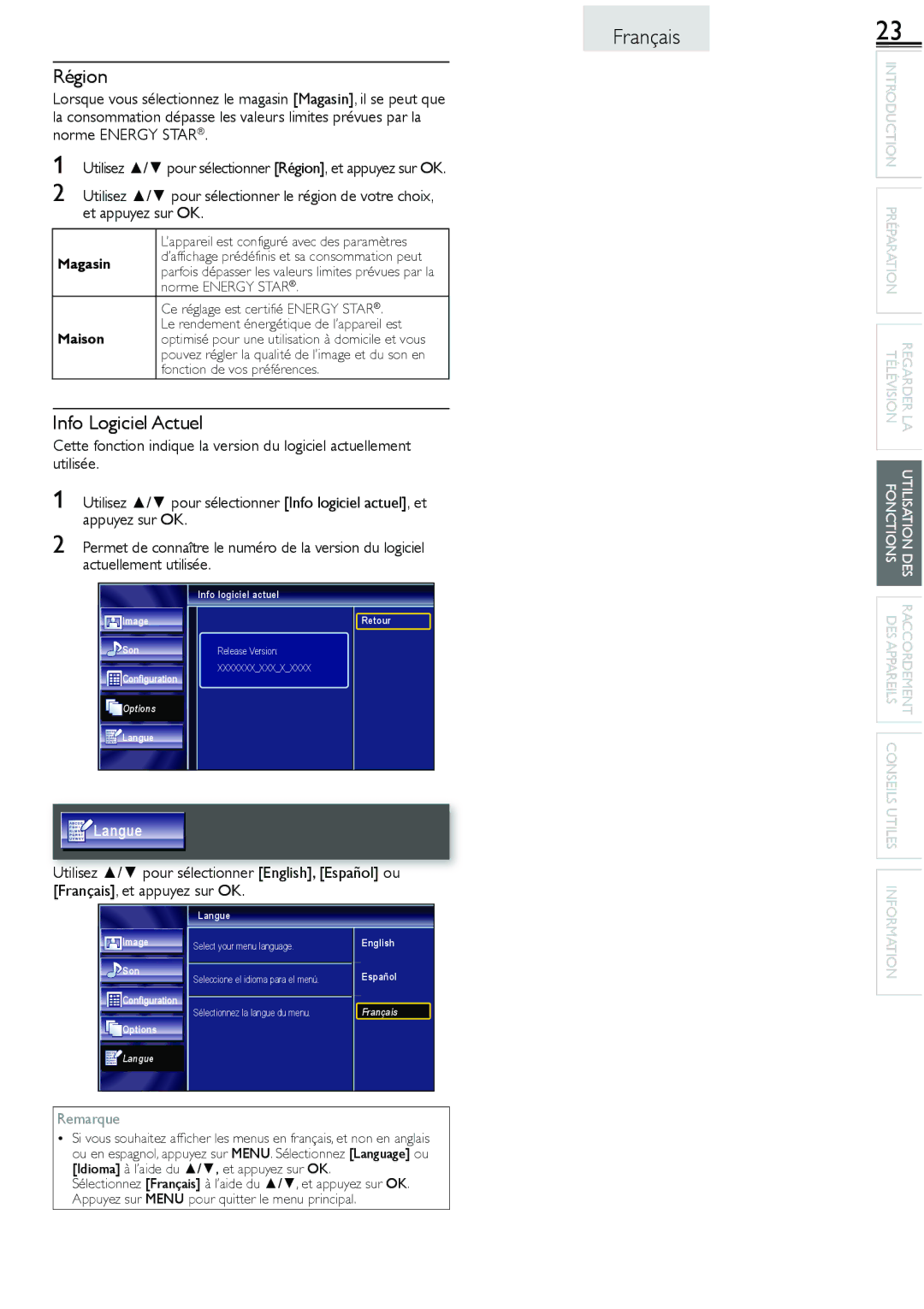 Sylvania lc160552 owner manual Région, Info Logiciel Actuel, Magasin, Maison 