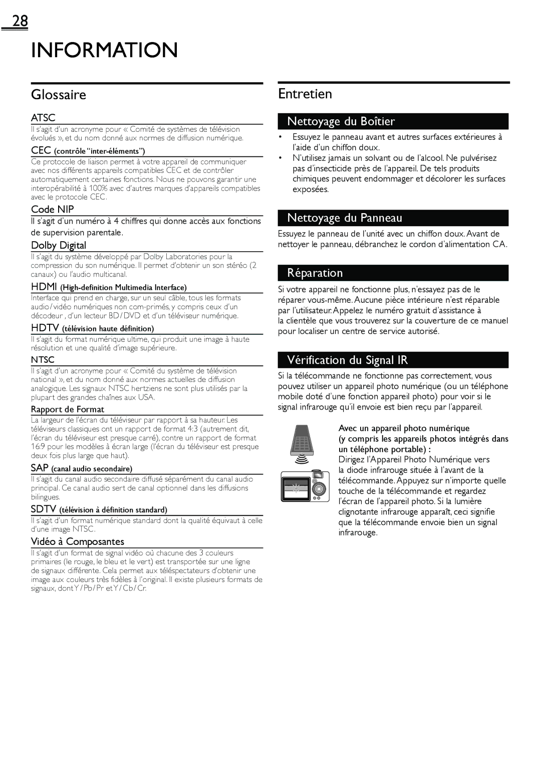 Sylvania lc160552 owner manual Information, Glossaire, Entretien, Atsc 