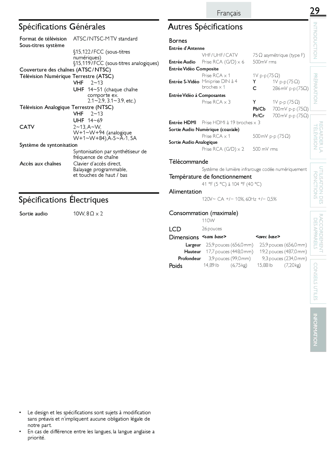 Sylvania lc160552 owner manual Spéciﬁcations Générales, Spéciﬁcations Électriques, Autres Spéciﬁcations, Lcd 