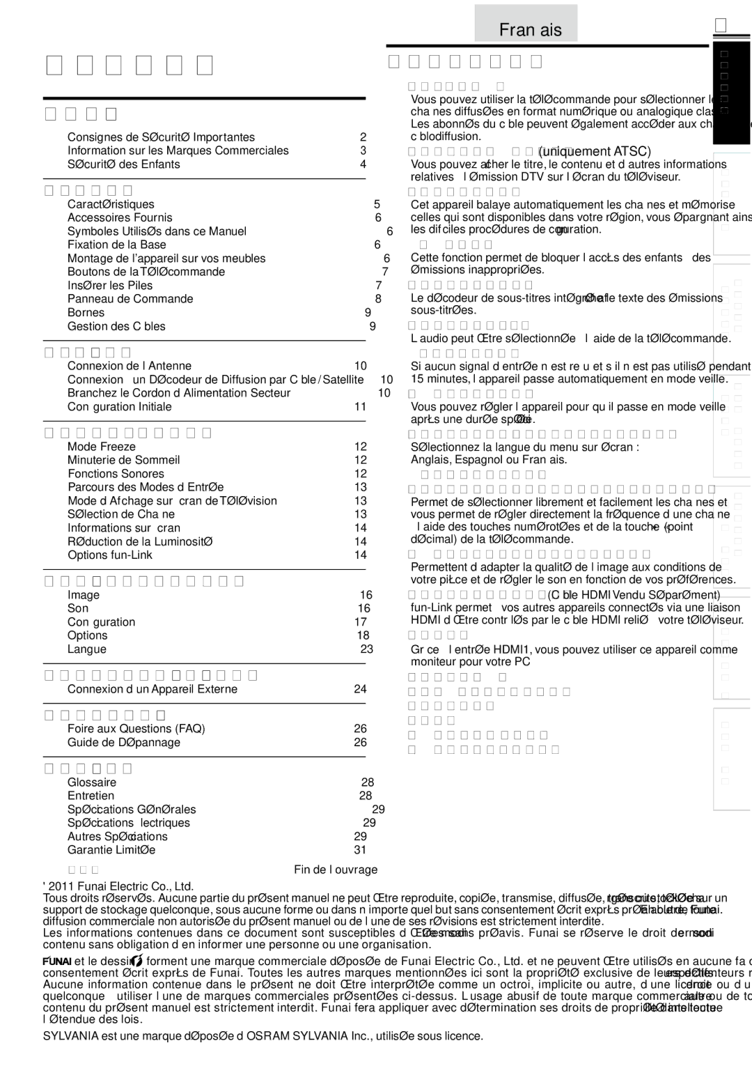 Sylvania lc160552 owner manual Introduction, Contenu, Caractéristiques, DTV /TV / Catv 