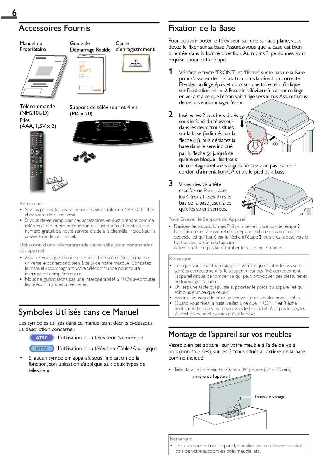 Sylvania lc160552 owner manual Accessoires Fournis, Symboles Utilisés dans ce Manuel, Fixation de la Base 