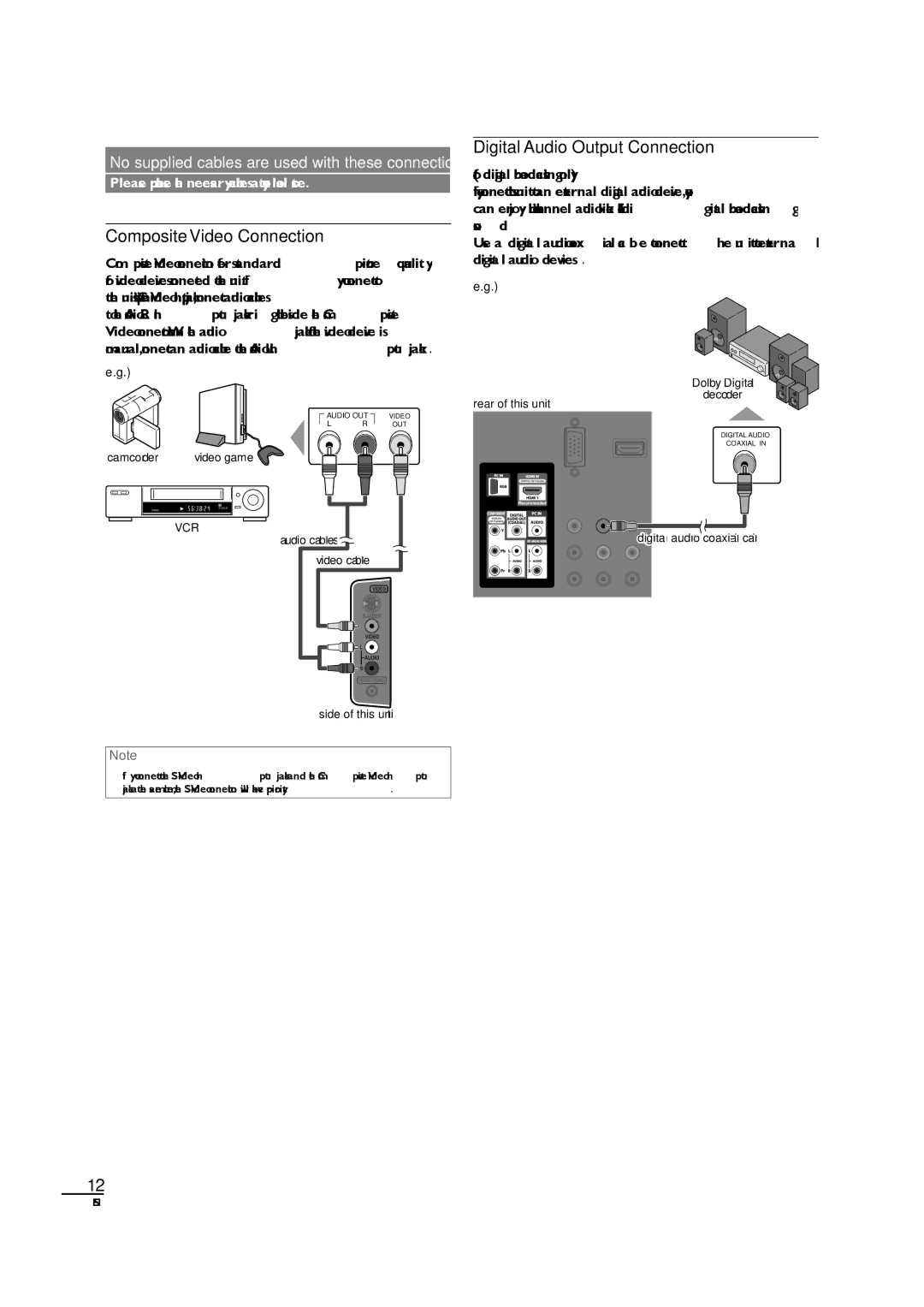 Sylvania LC190SL1 owner manual Composite Video Connection, Digital Audio Output Connection, Digital audio coaxial cable 