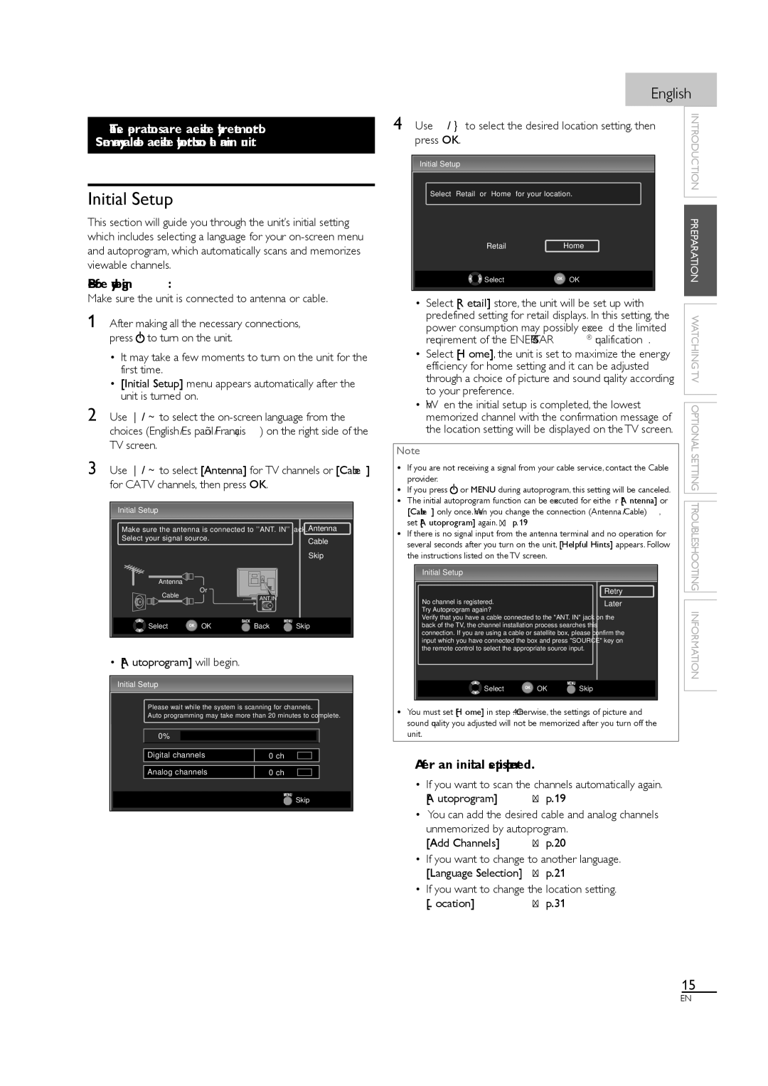 Sylvania LC190SL1 owner manual Initial Setup 