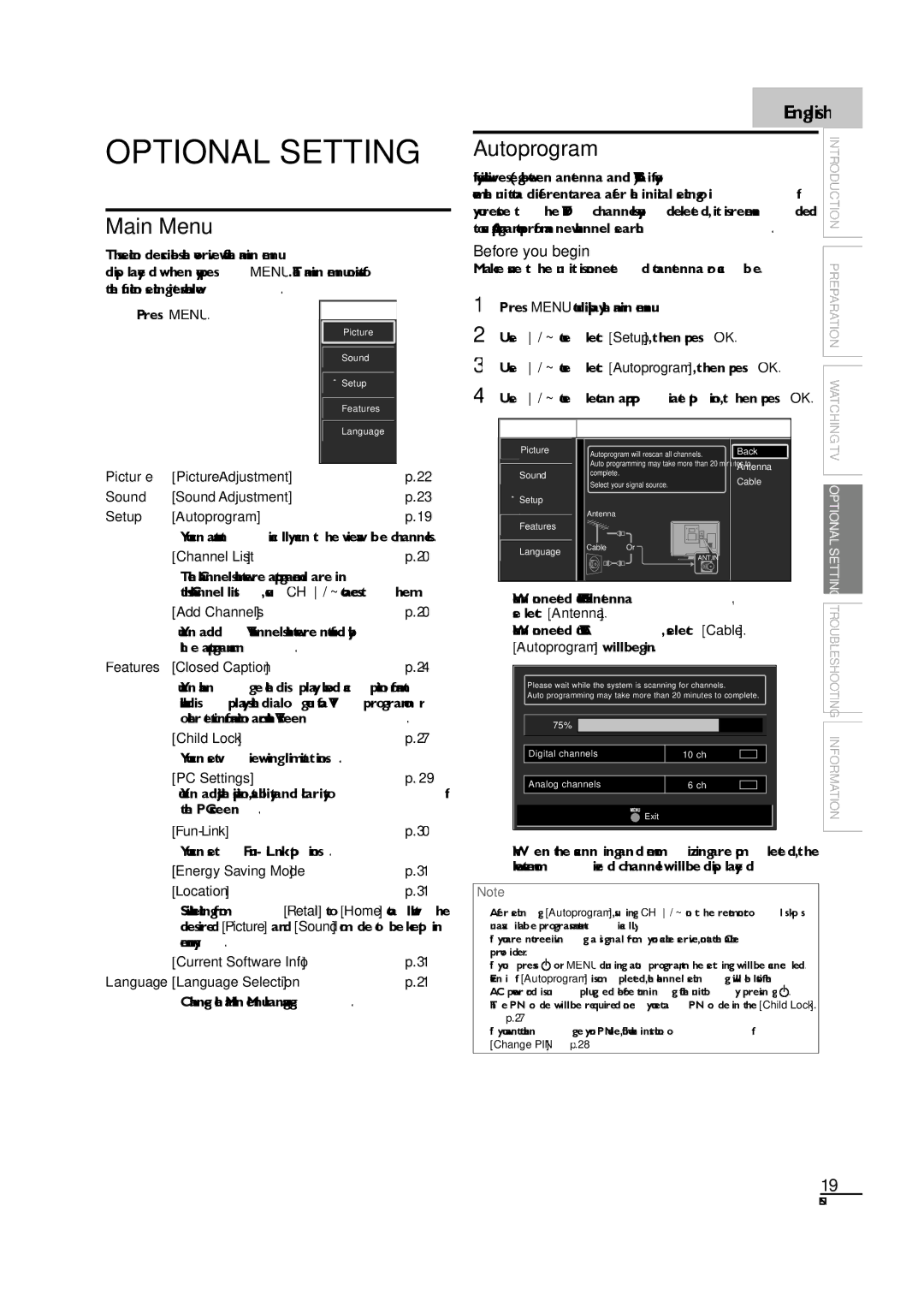 Sylvania LC190SL1 owner manual Optional Setting, Autoprogram, Main Menu 