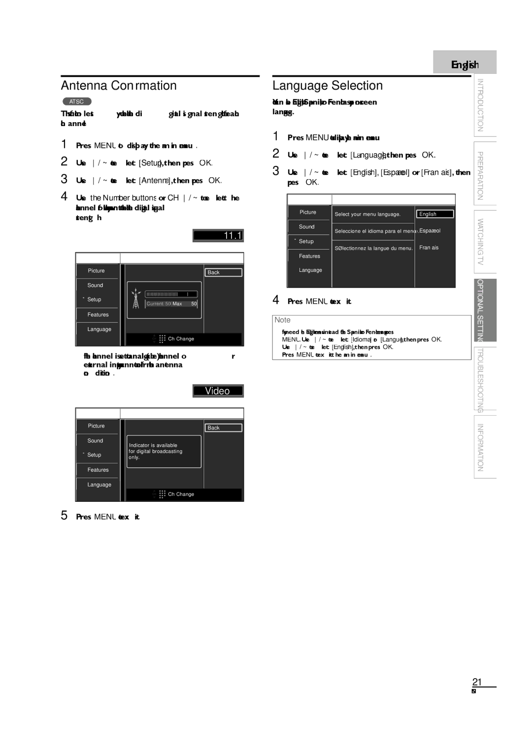 Sylvania LC190SL1 owner manual Antenna Conﬁrmation, Language Selection 