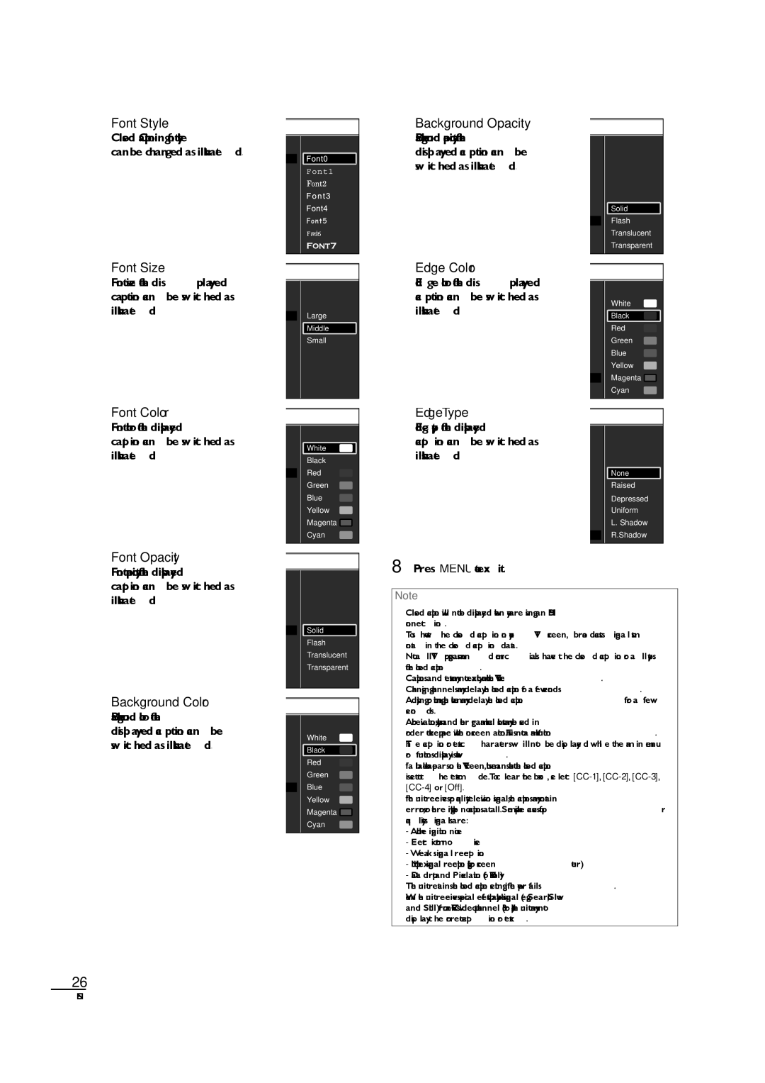 Sylvania LC190SL1 owner manual Font Style, Font Size, Font Color, Background Opacity, Edge Color, Edge Type, Font Opacity 