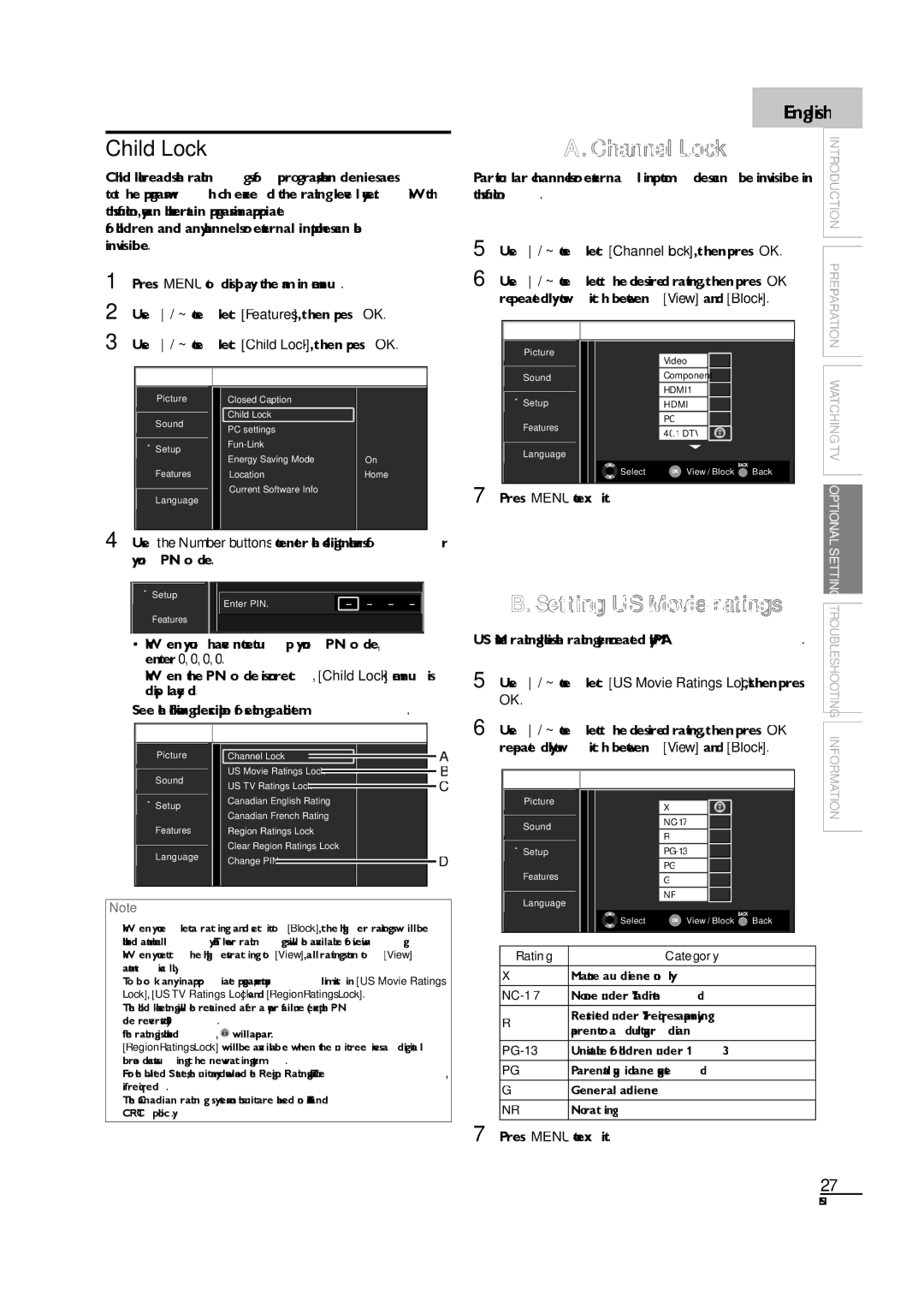 Sylvania LC190SL1 owner manual Child Lock, This function Use / to select Channel Lock, then press OK, RatingCategory, PG-13 