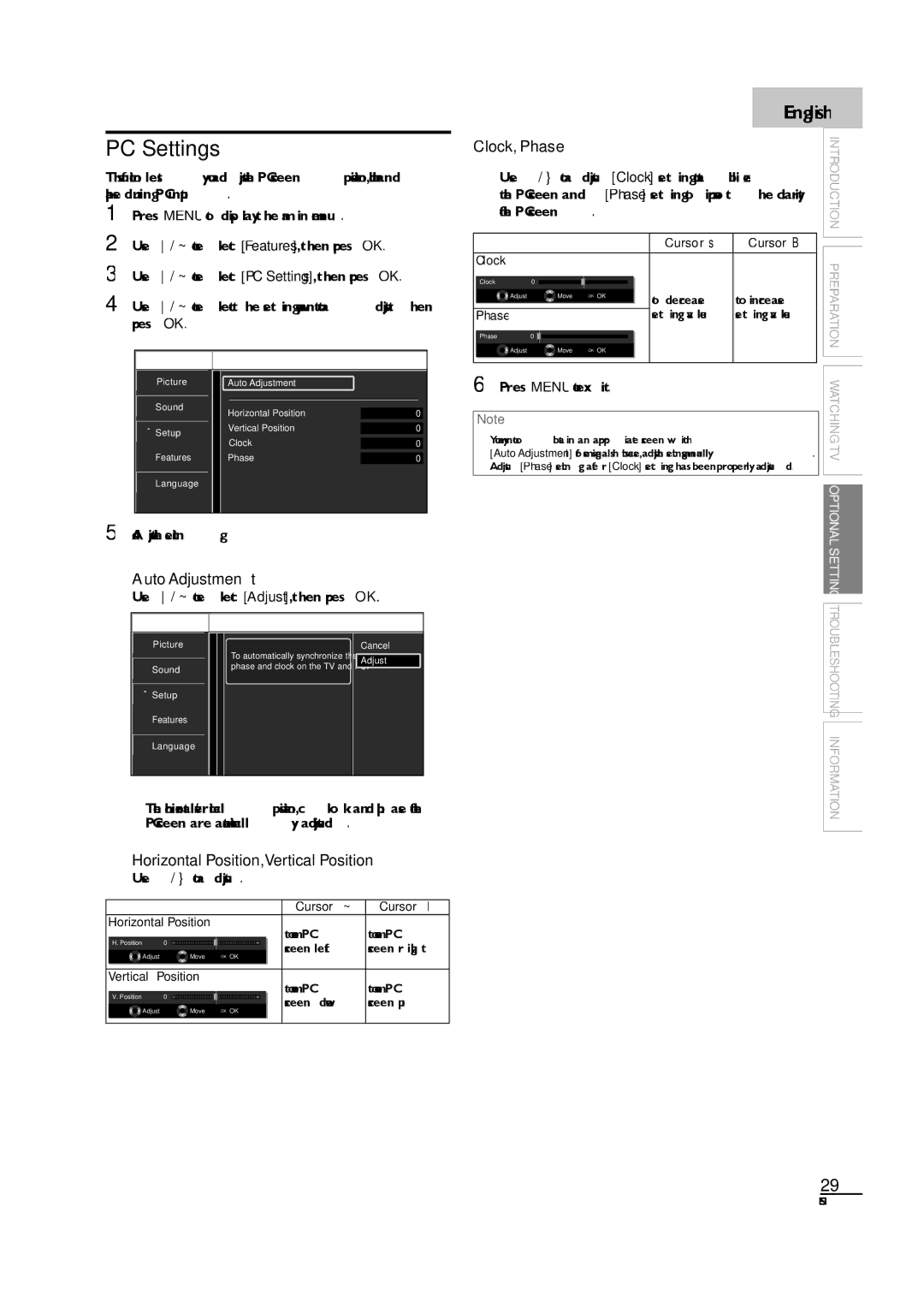 Sylvania LC190SL1 owner manual PC Settings, Clock, Phase, Auto Adjustment, Horizontal Position,Vertical Position 