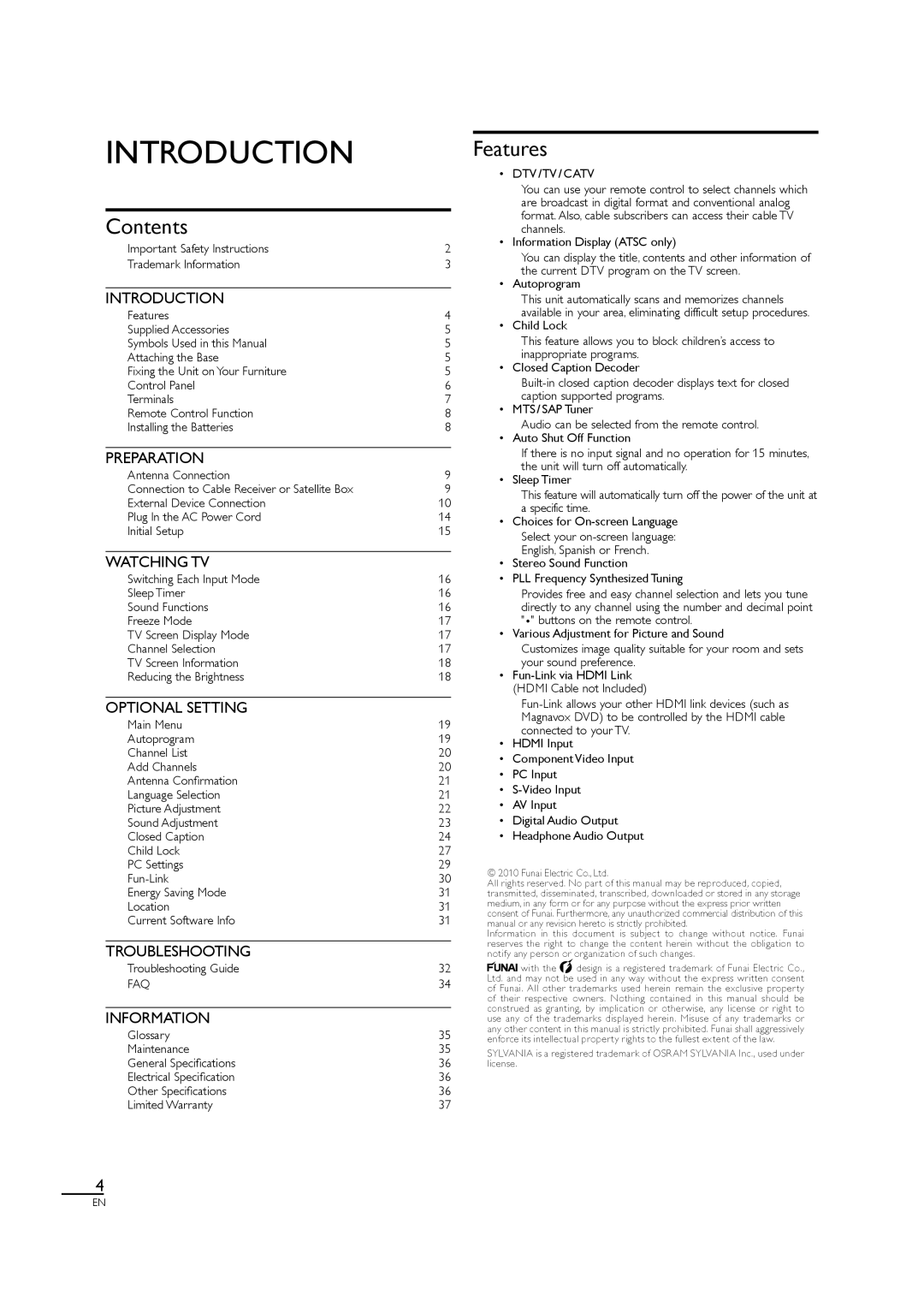 Sylvania LC190SL1 owner manual Introduction, Contents, Features 