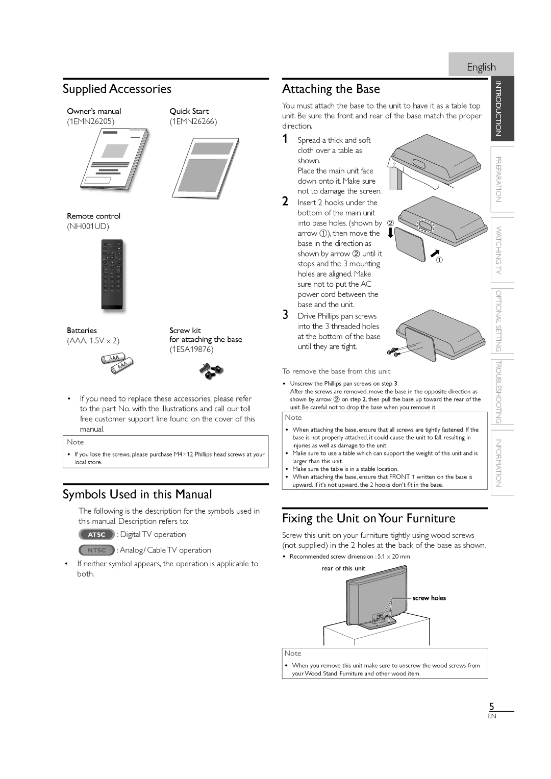 Sylvania LC190SL1 Supplied Accessories, Symbols Used in this Manual, Attaching the Base, Fixing the Unit on Your Furniture 