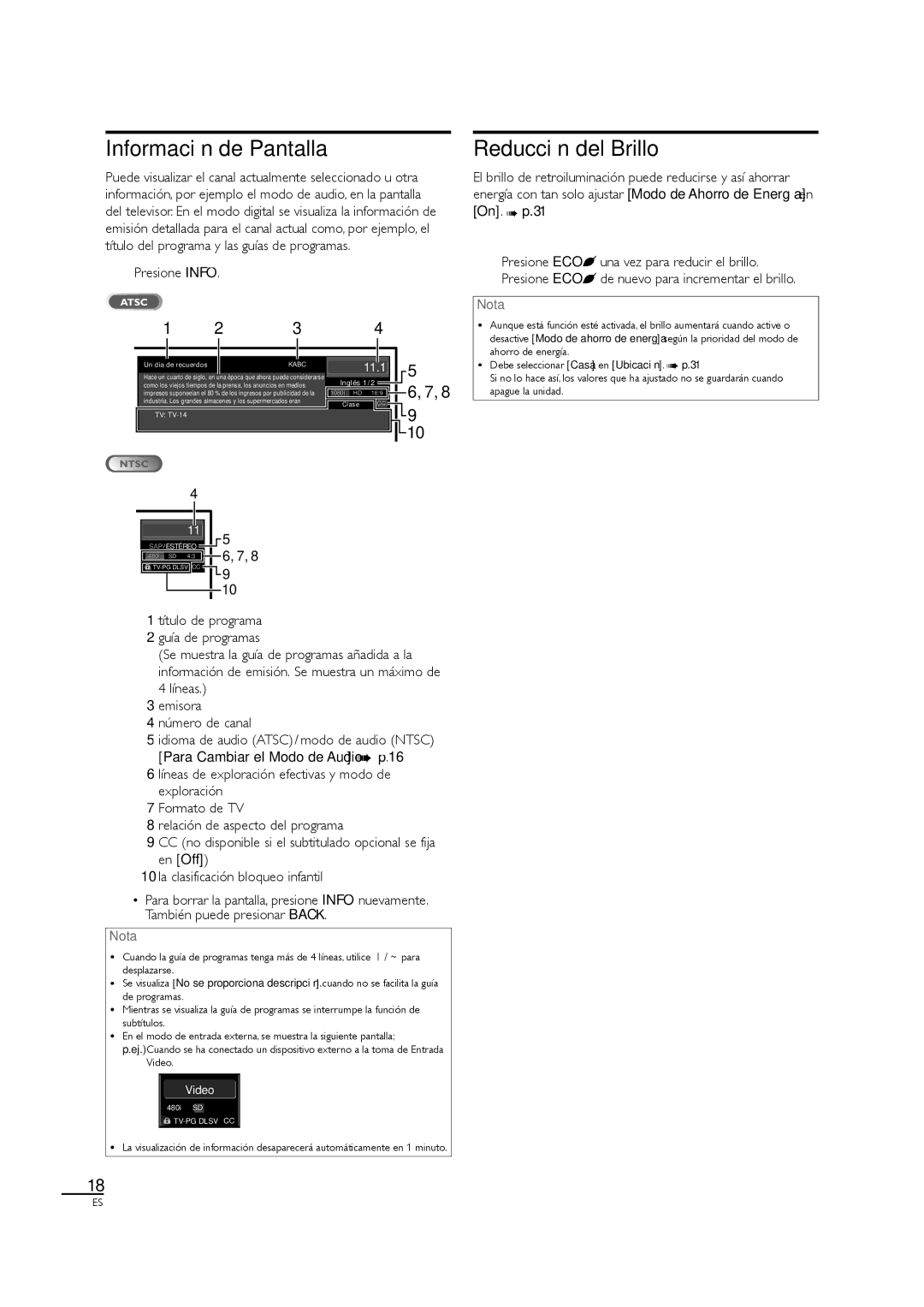 Sylvania LC190SL1 owner manual Información de Pantalla, Reducción del Brillo, Presione Info, Número de canal 