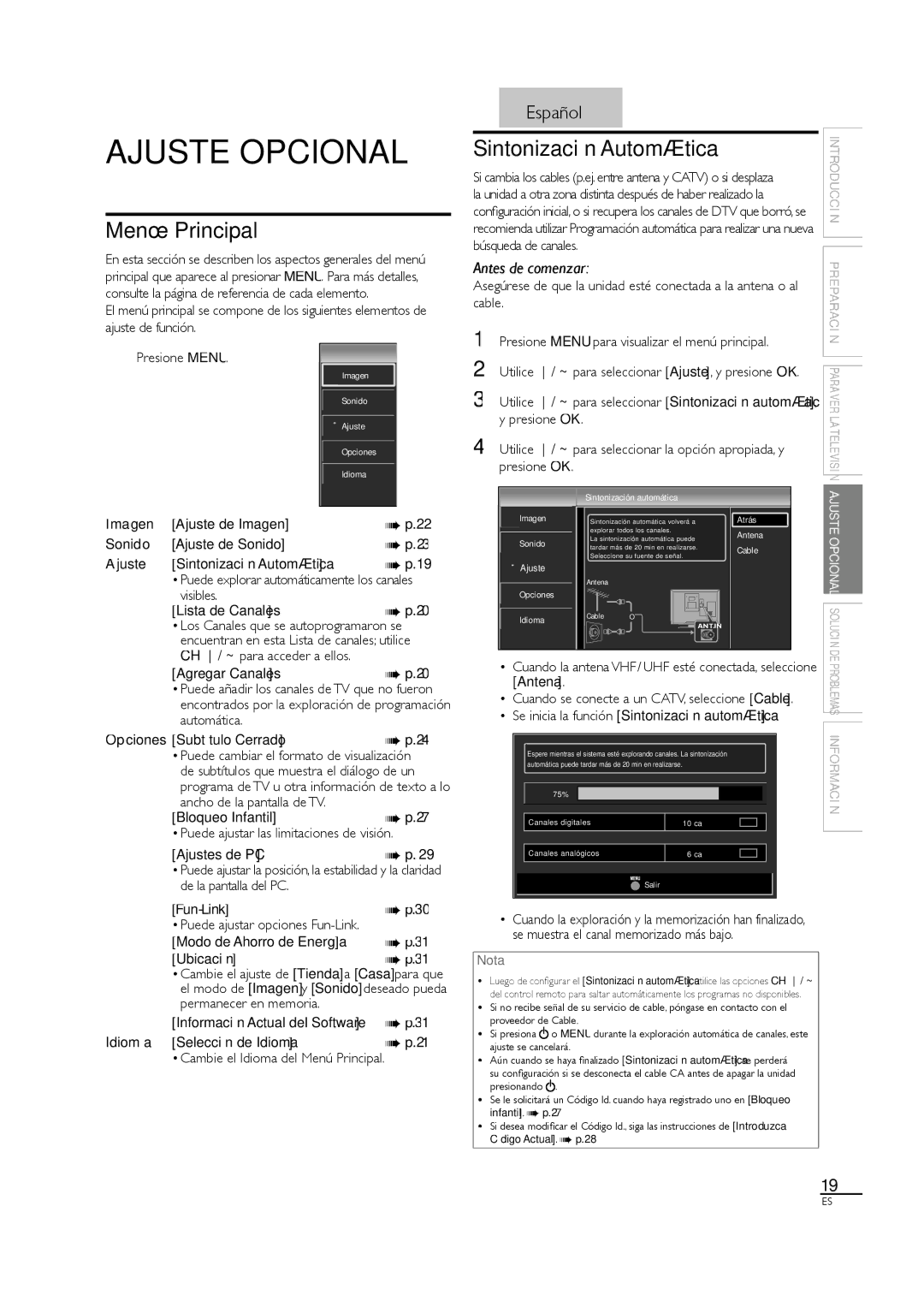 Sylvania LC190SL1 owner manual Ajuste Opcional, Menú Principal, Sintonización Automática 