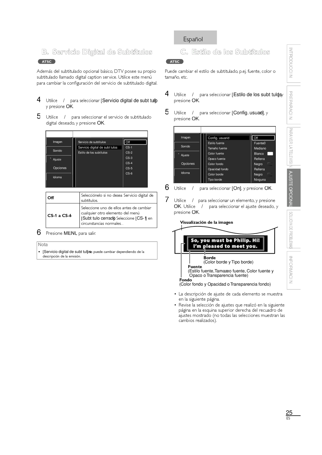 Sylvania LC190SL1 owner manual Servicio Digital de Subtítulos, Estilo de los Subtítulos, Tamaño, etc 