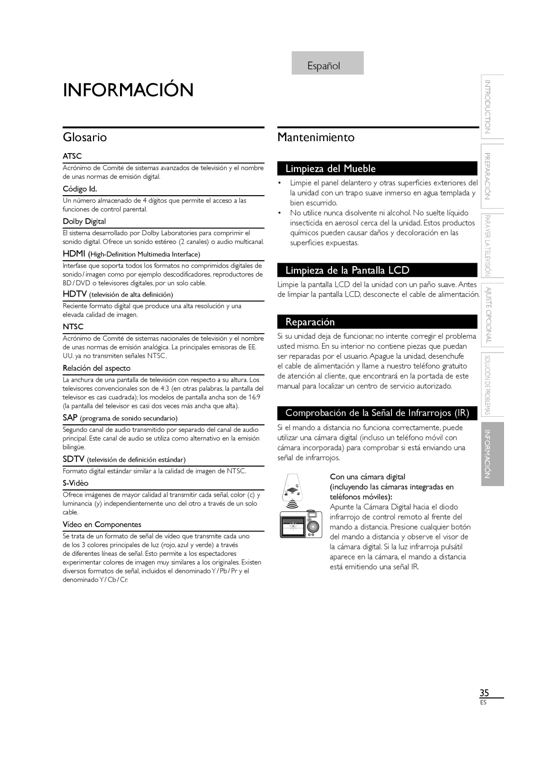 Sylvania LC190SL1 owner manual Información, Glosario, Mantenimiento 