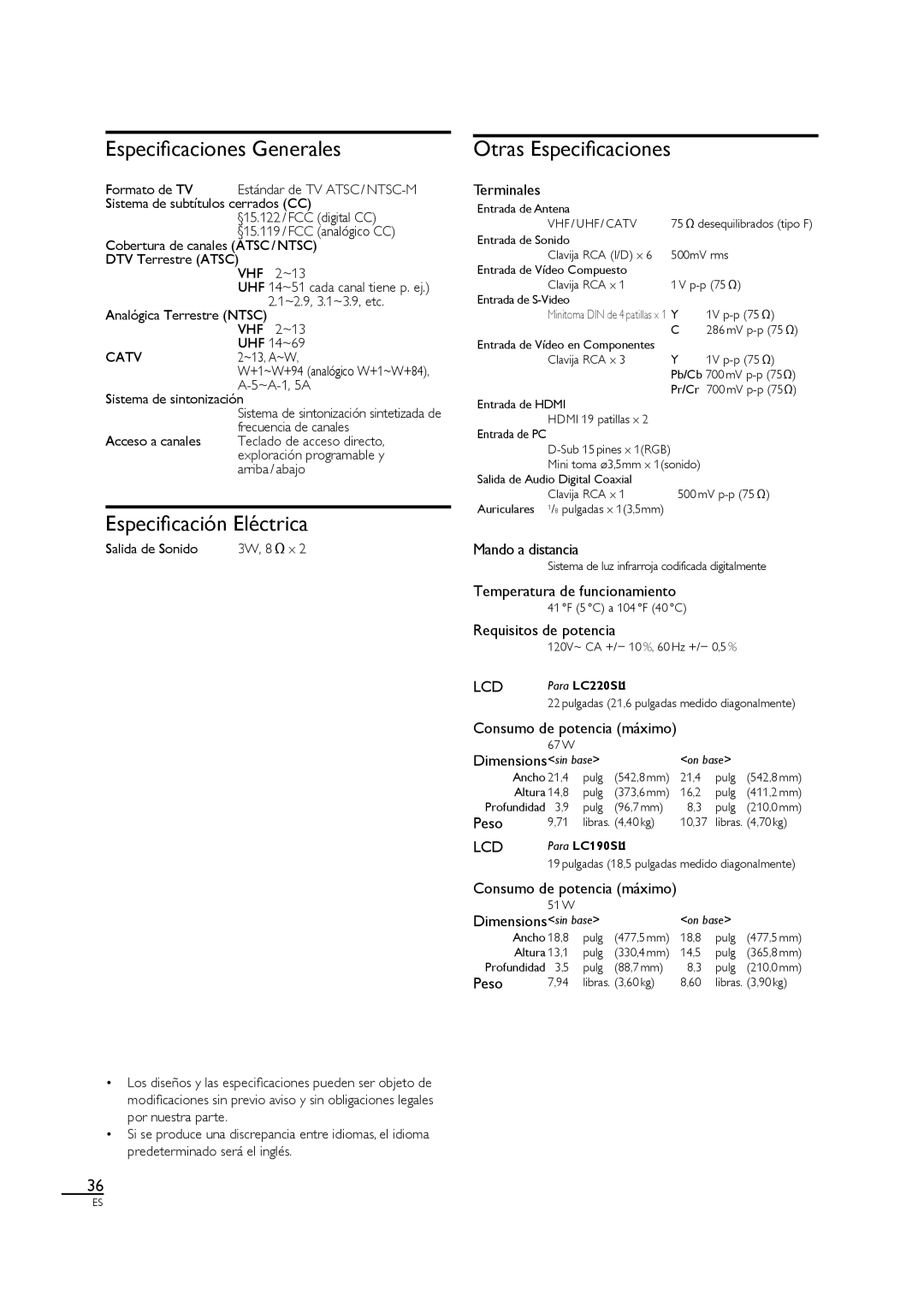 Sylvania LC190SL1 owner manual Especiﬁcaciones Generales, Especiﬁcación Eléctrica, Otras Especiﬁcaciones 